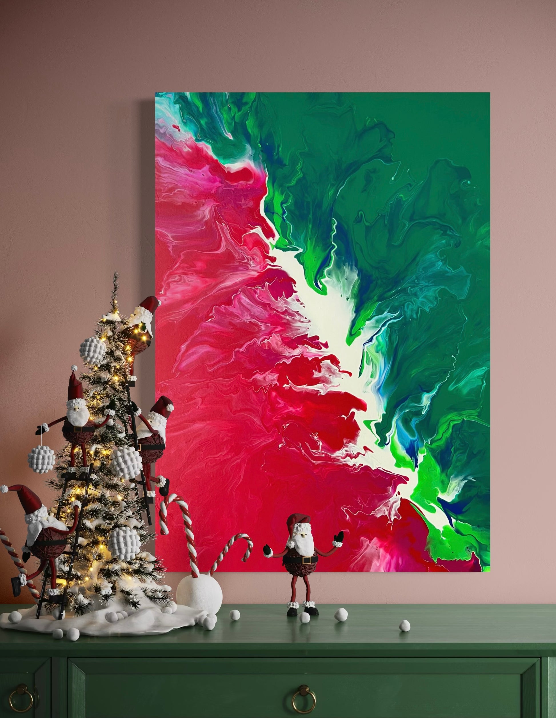 Abstract acrylic painting in bold shades of green and red with flowing transitions and dynamic color energy. The high-contrast composition is reminiscent of natural forces such as growth, fire, and movement, creating a lively tension between calm and intensity. Hand-painted, one-of-a-kind piece in the fluid art style—modern abstract art on canvas, ideal as an eye-catcher in contemporary living spaces and galleries.