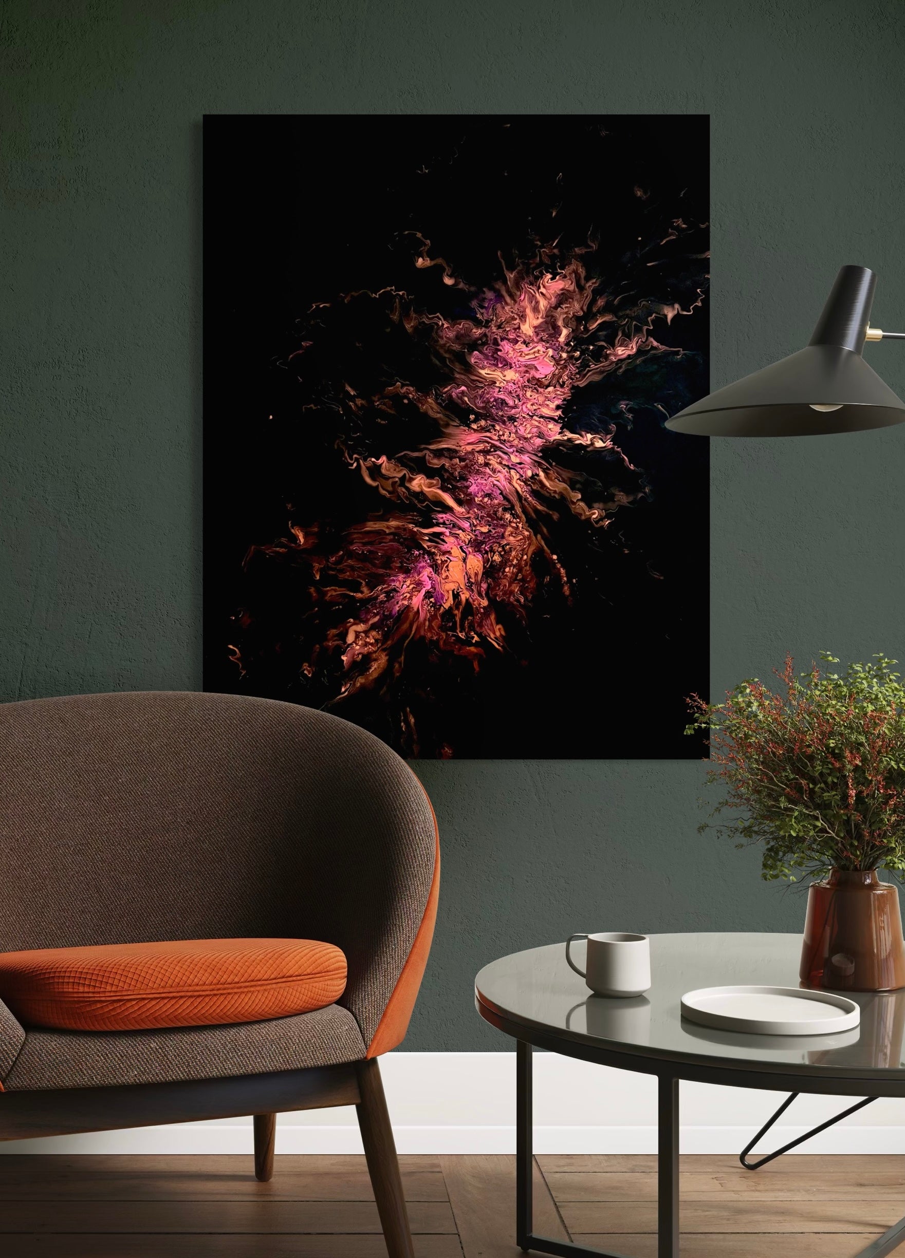 Abstract painting with a dark background and bright swirls in shades of copper, gold, and rose, reminiscent of a flame emerging from darkness.