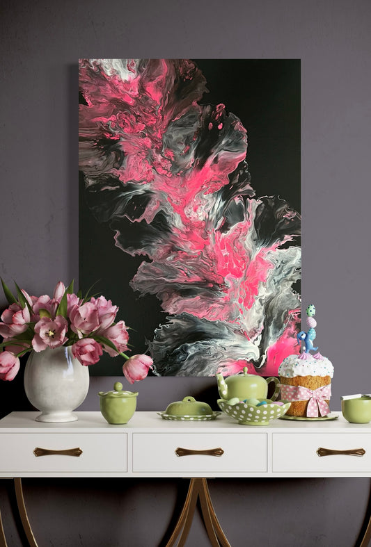 Dramatic acrylic painting with abstract flowing structures in strong pink, white and black on a dark background - modern wall art in fluid art technique for stylish interior design.