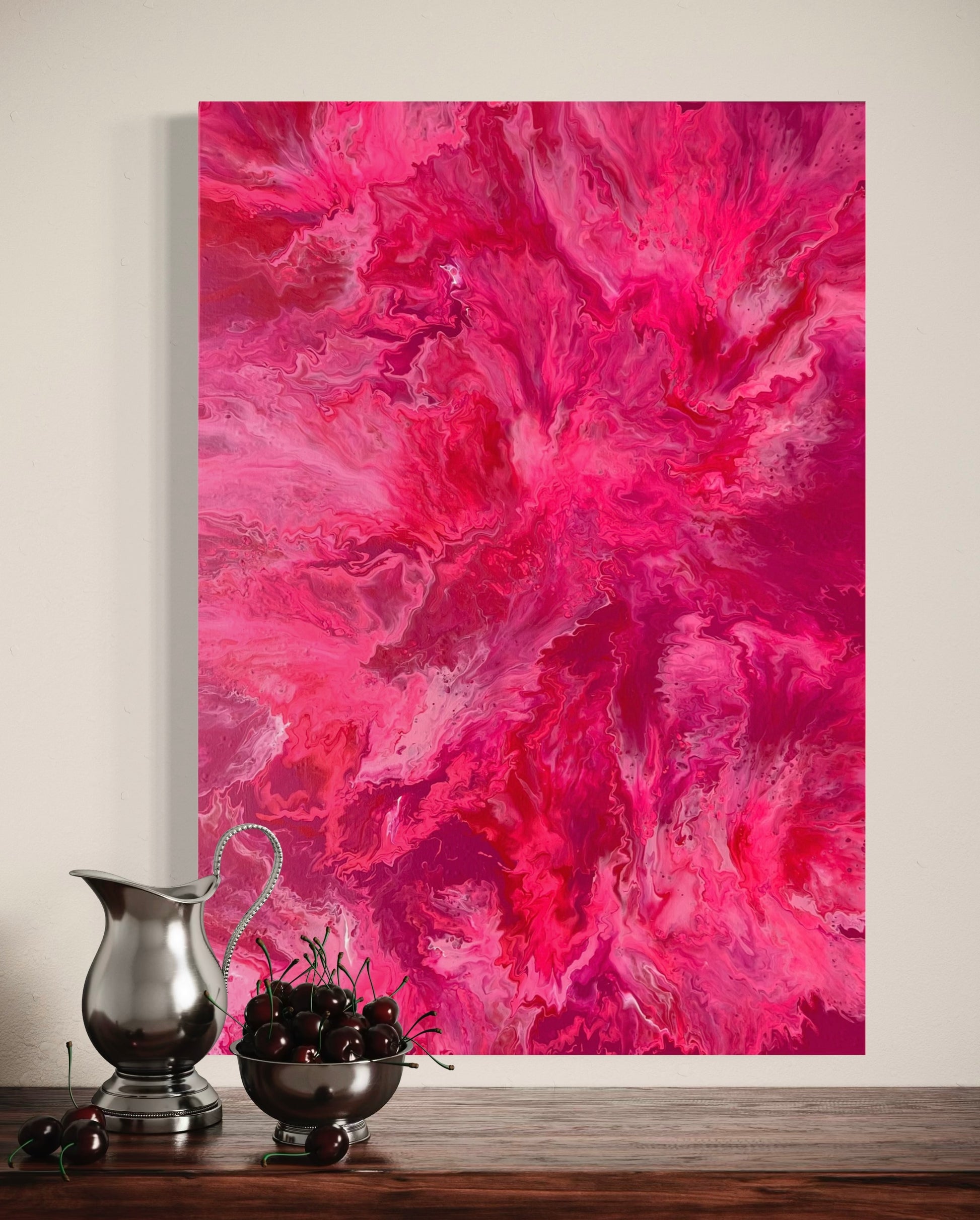 Abstract acrylic painting in intense pink, rose and red tones with organic, flowing shapes - modern fluid art artwork eye-catching color accent for contemporary living spaces.