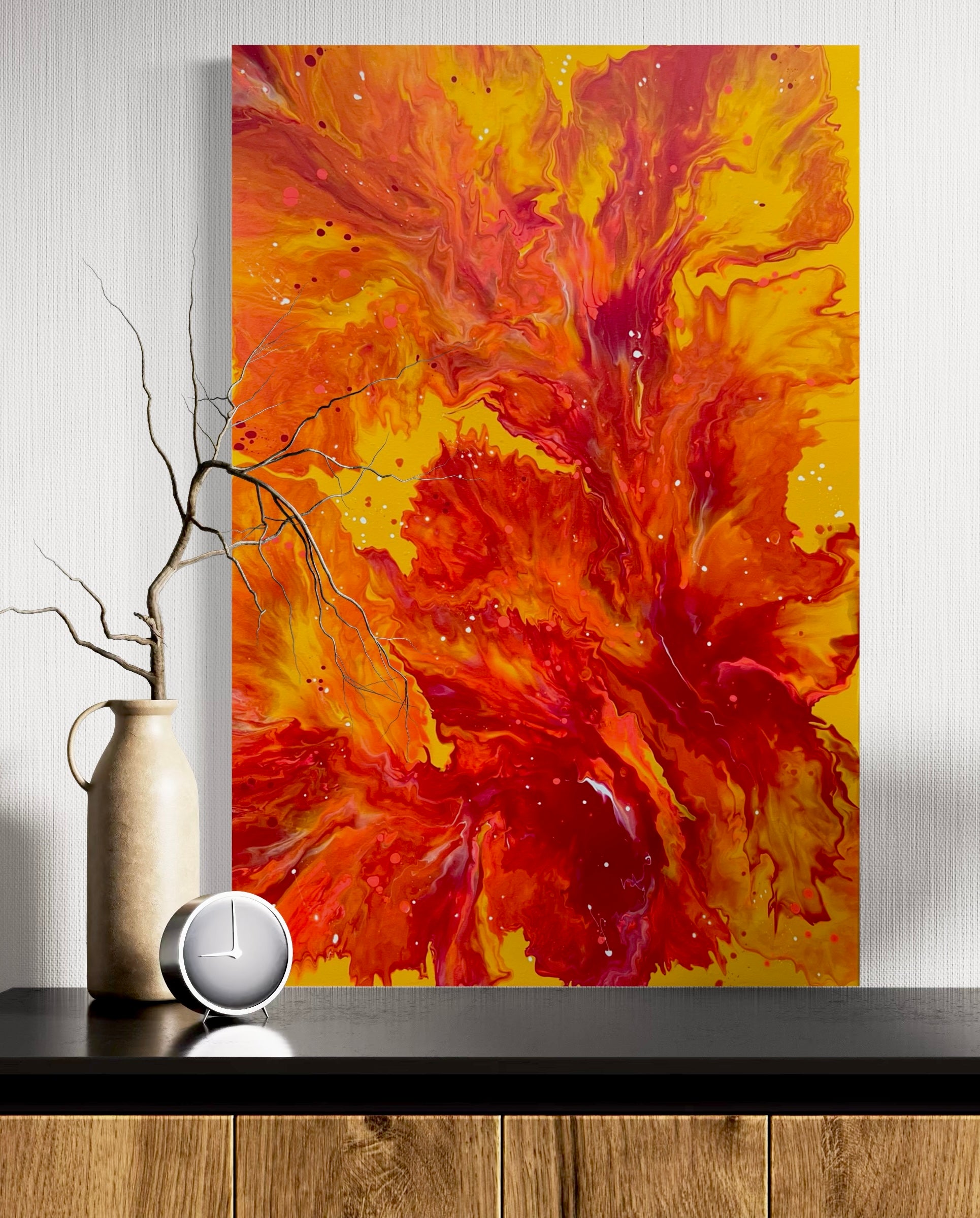 Abstract acrylic painting with intense red tones and orange-yellow flowing textures on a warm background - modern fluid art artwork with fiery dynamism and energetic charisma.