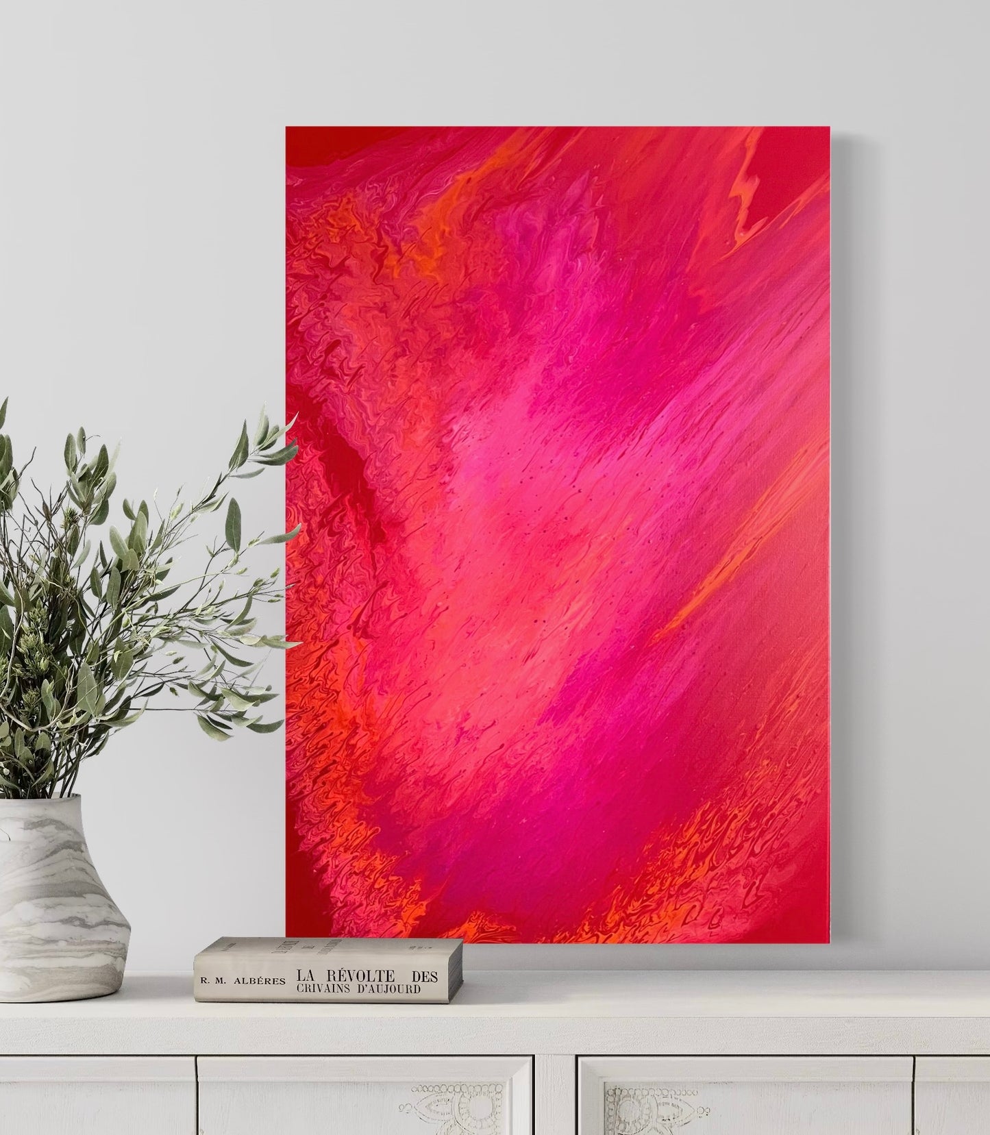 Modern acrylic painting in bold reds, pinks and oranges with smooth transitions and dynamic structure - minimalist fluid art artwork for stylish wall design.