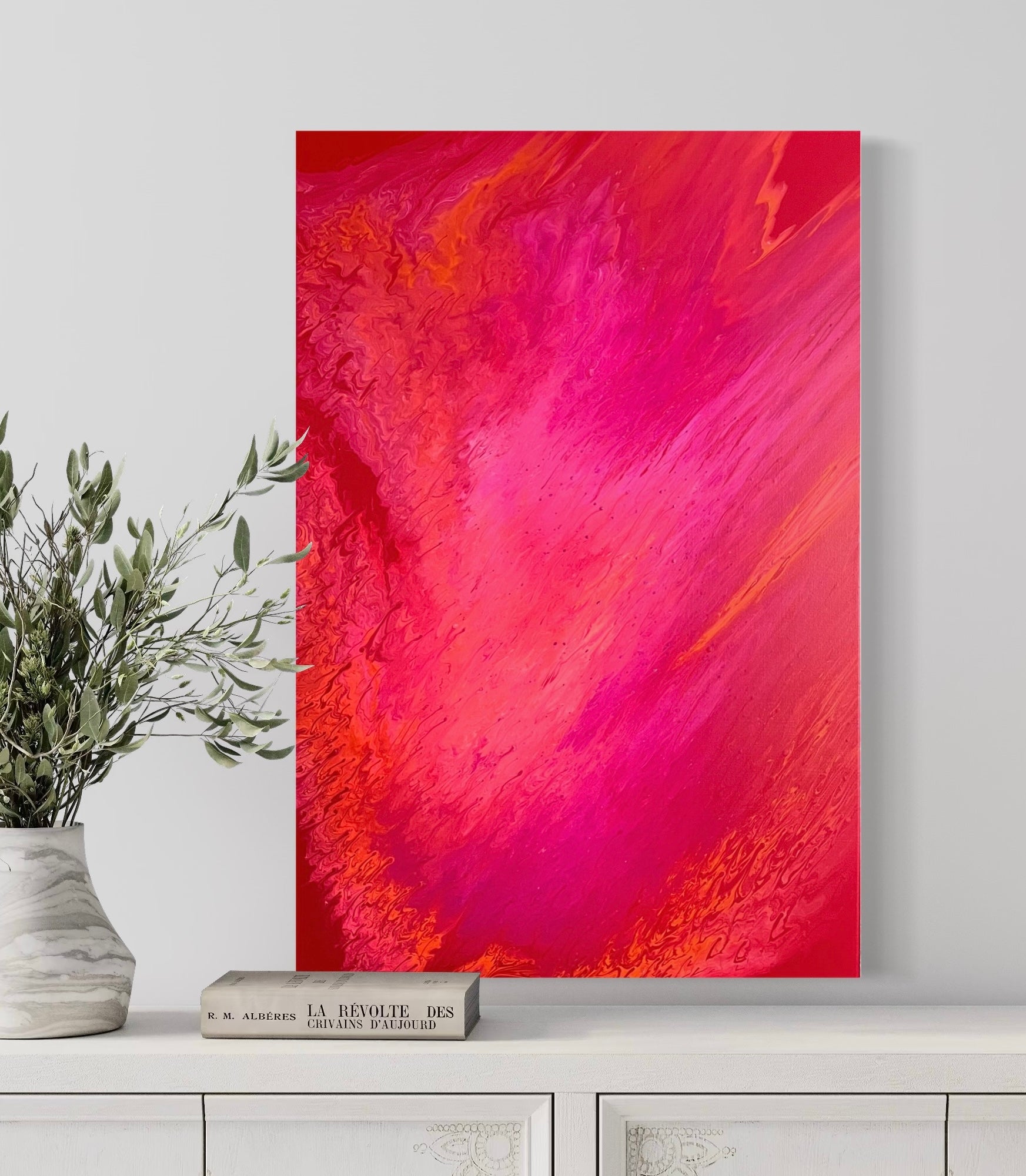 Modern acrylic painting in bold reds, pinks and oranges with smooth transitions and dynamic structure - minimalist fluid art artwork for stylish wall design.