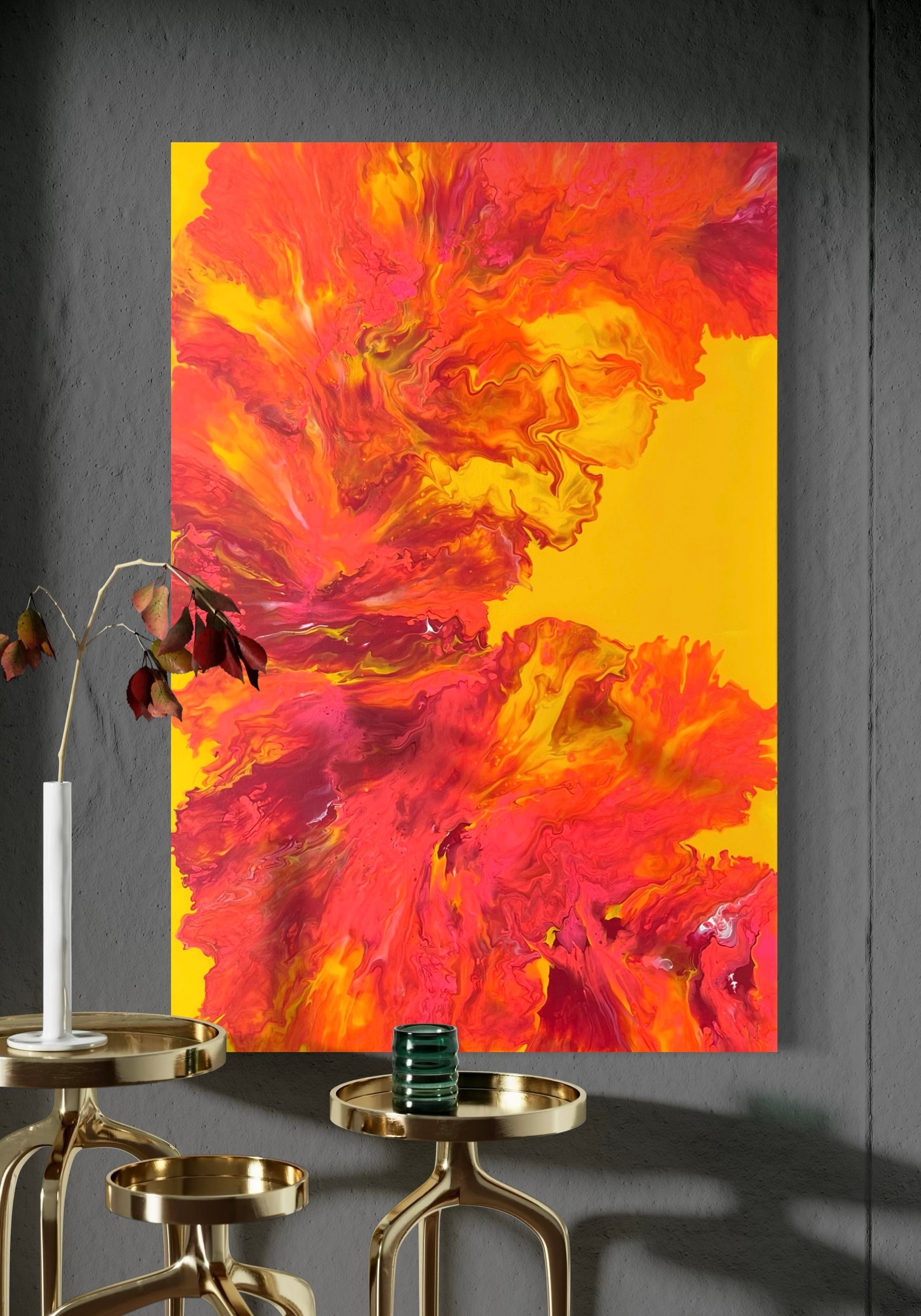 Luminous acrylic painting with abstract flowing structures in intense red and orange on a yellow background - modern fluid art artwork with a fiery radiance for stylish interiors.