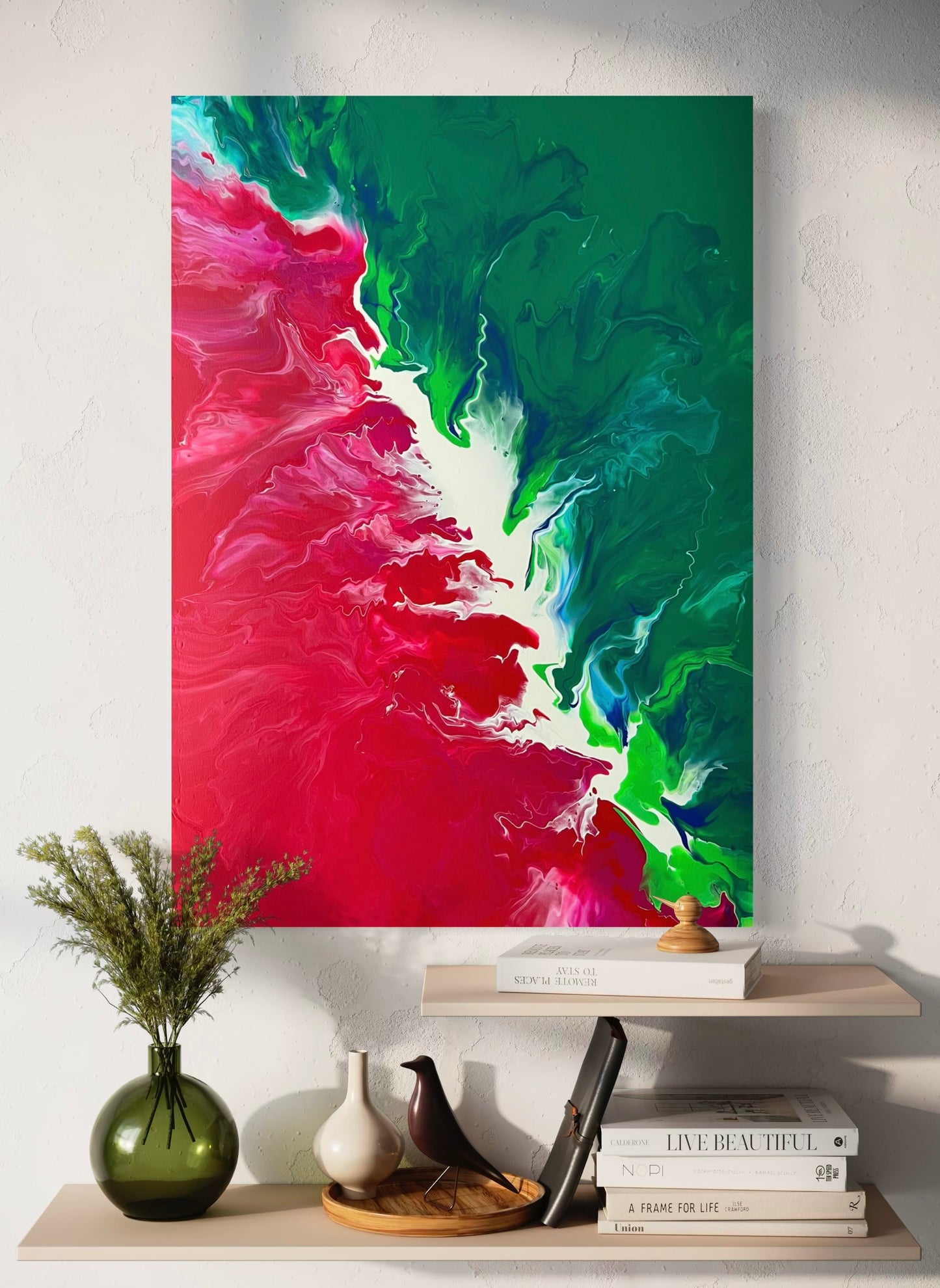Abstract acrylic painting in bold shades of green and red with flowing transitions and dynamic color energy. The high-contrast composition is reminiscent of natural forces such as growth, fire, and movement, creating a lively tension between calm and intensity. Hand-painted, one-of-a-kind piece in the fluid art style—modern abstract art on canvas, ideal as an eye-catcher in contemporary living spaces and galleries.