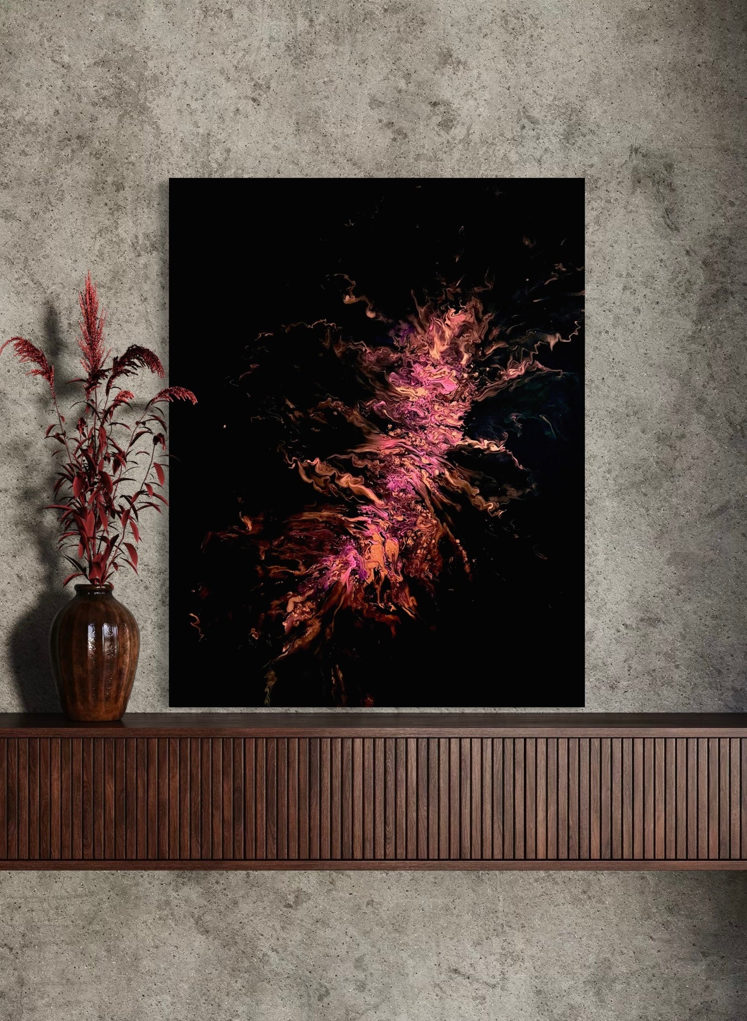Abstract painting with a dark background and bright swirls in shades of copper, gold, and rose, reminiscent of a flame emerging from darkness.