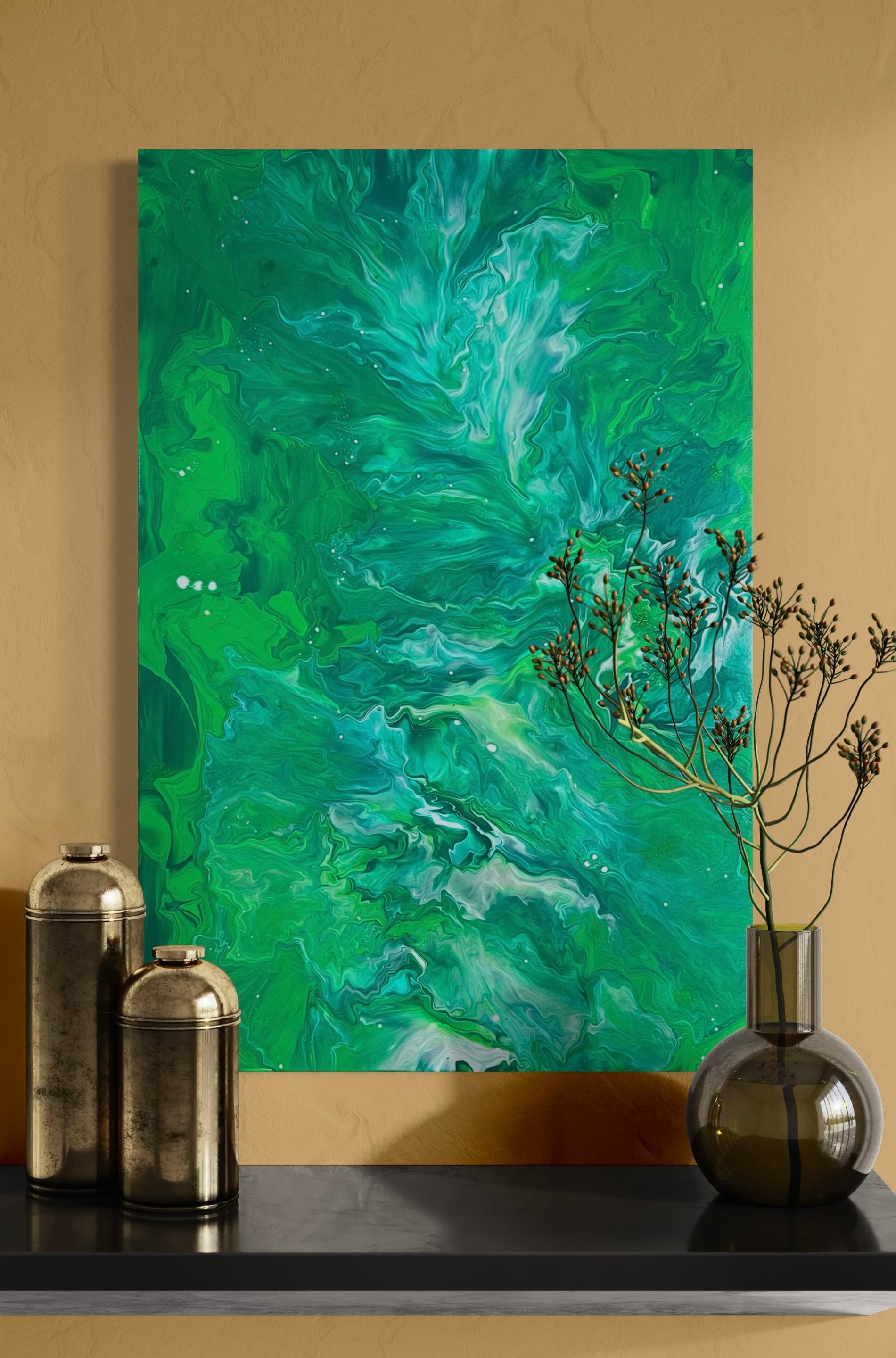 Abstract acrylic painting in vibrant green and turquoise tones with a marbled flow technique and organic textures - modern mural for stylish interior design.