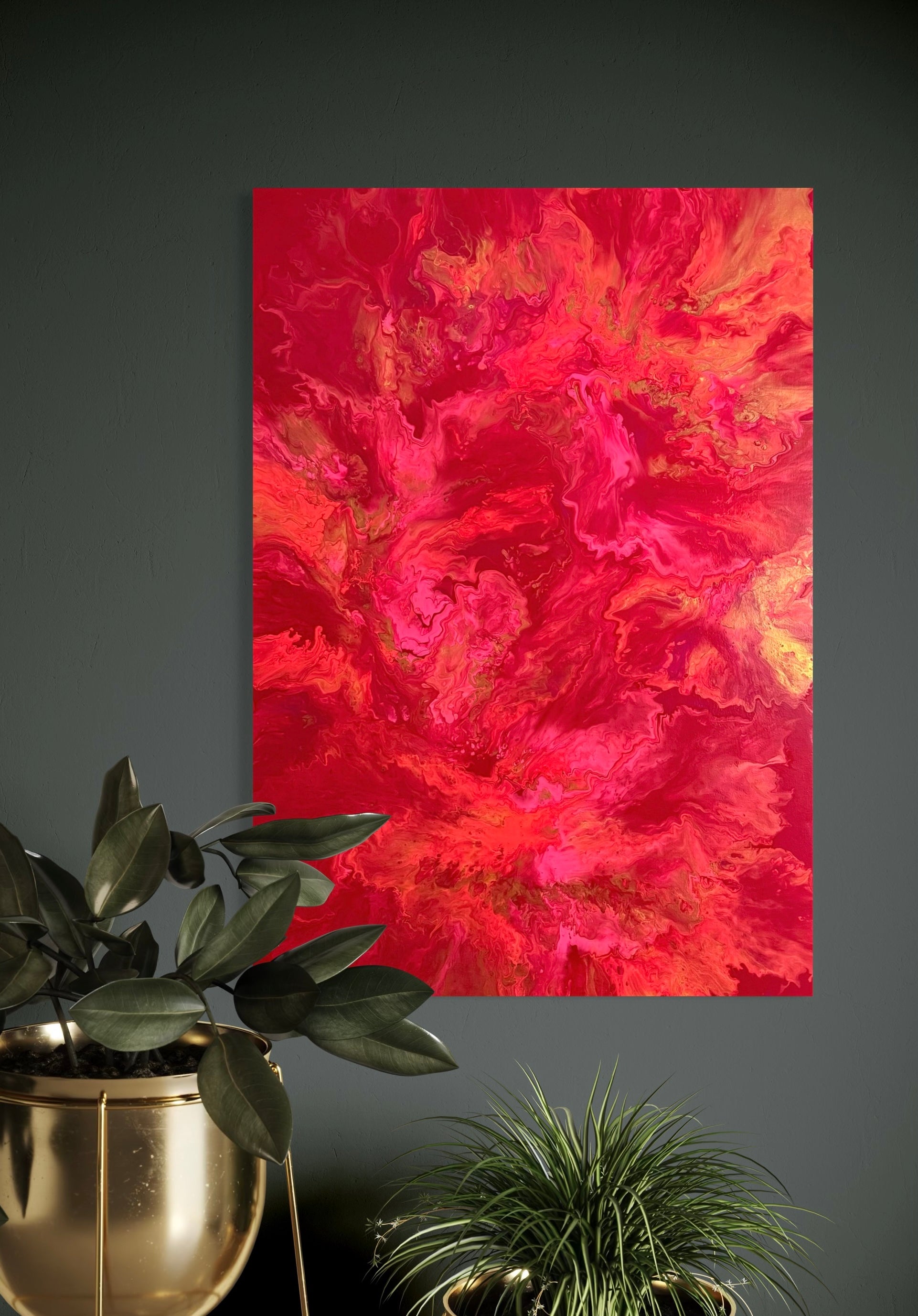 Abstract painting in intense shades of red, pink, and gold with flowing, marbled color gradients reminiscent of blazing flames and passionate movement.