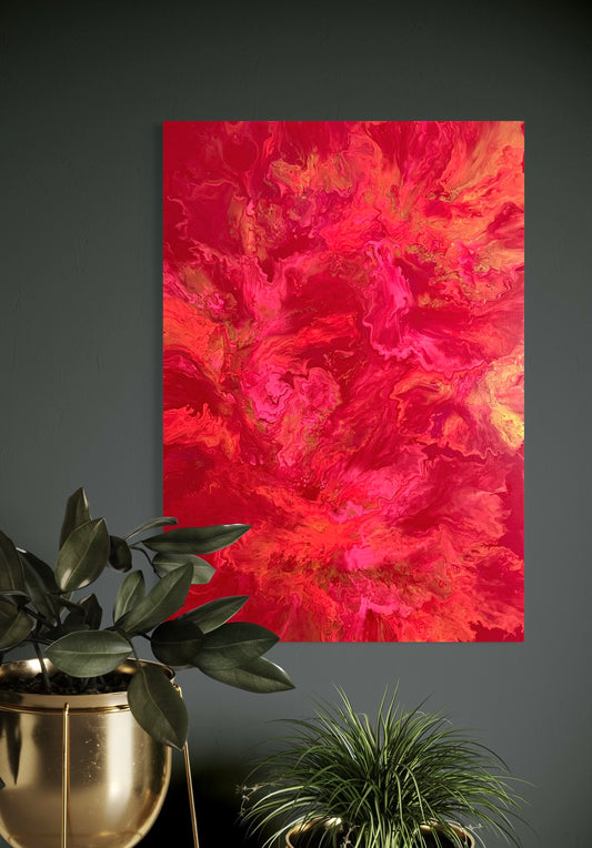 Abstract painting in intense shades of red, pink, and gold with flowing, marbled color gradients reminiscent of blazing flames and passionate movement.
