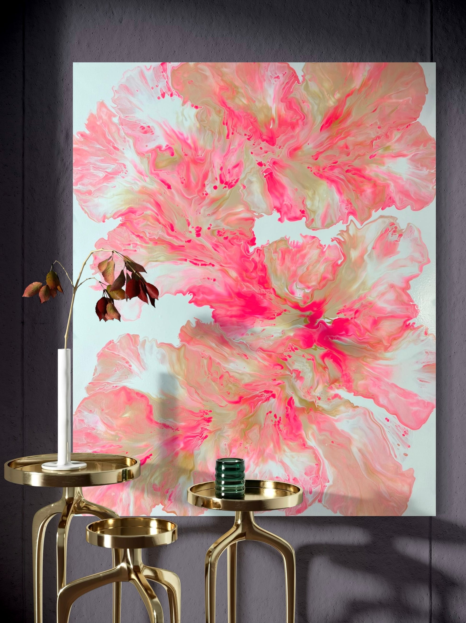 Abstract acrylic painting in bright shades of pink, red, and gold on a white background. The flowing, flower-like shapes are reminiscent of organic leaves or petals and create a lively, harmonious movement. Modern wall art with a feminine and elegant expression, perfect for contemporary interiors.