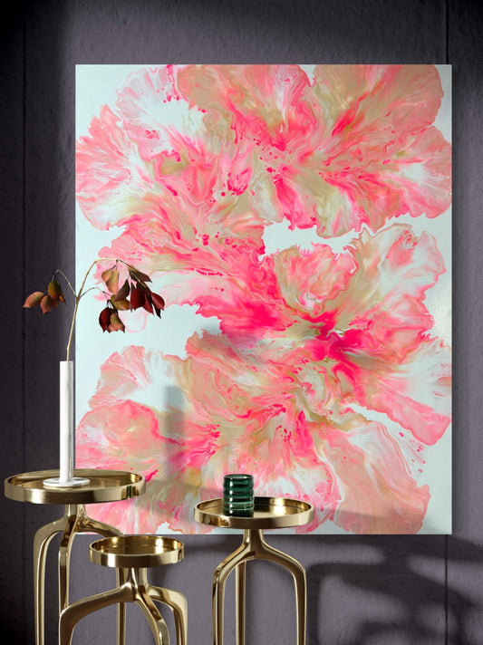 Abstract acrylic painting in bright shades of pink, red, and gold on a white background. The flowing, flower-like shapes are reminiscent of organic leaves or petals and create a lively, harmonious movement. Modern wall art with a feminine and elegant expression, perfect for contemporary interiors.