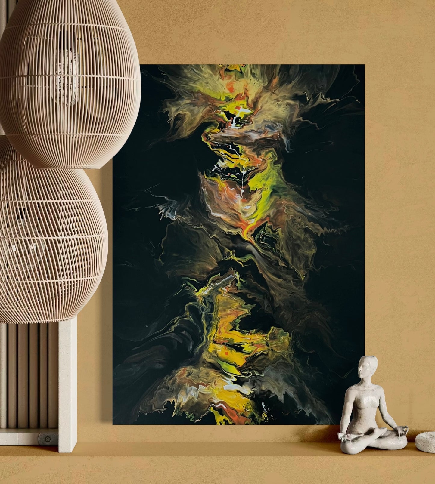 Abstract acrylic painting with bright yellow, orange and black tones in a vertical flow technique - expressive fluid art artwork with fiery dynamics on a black background.