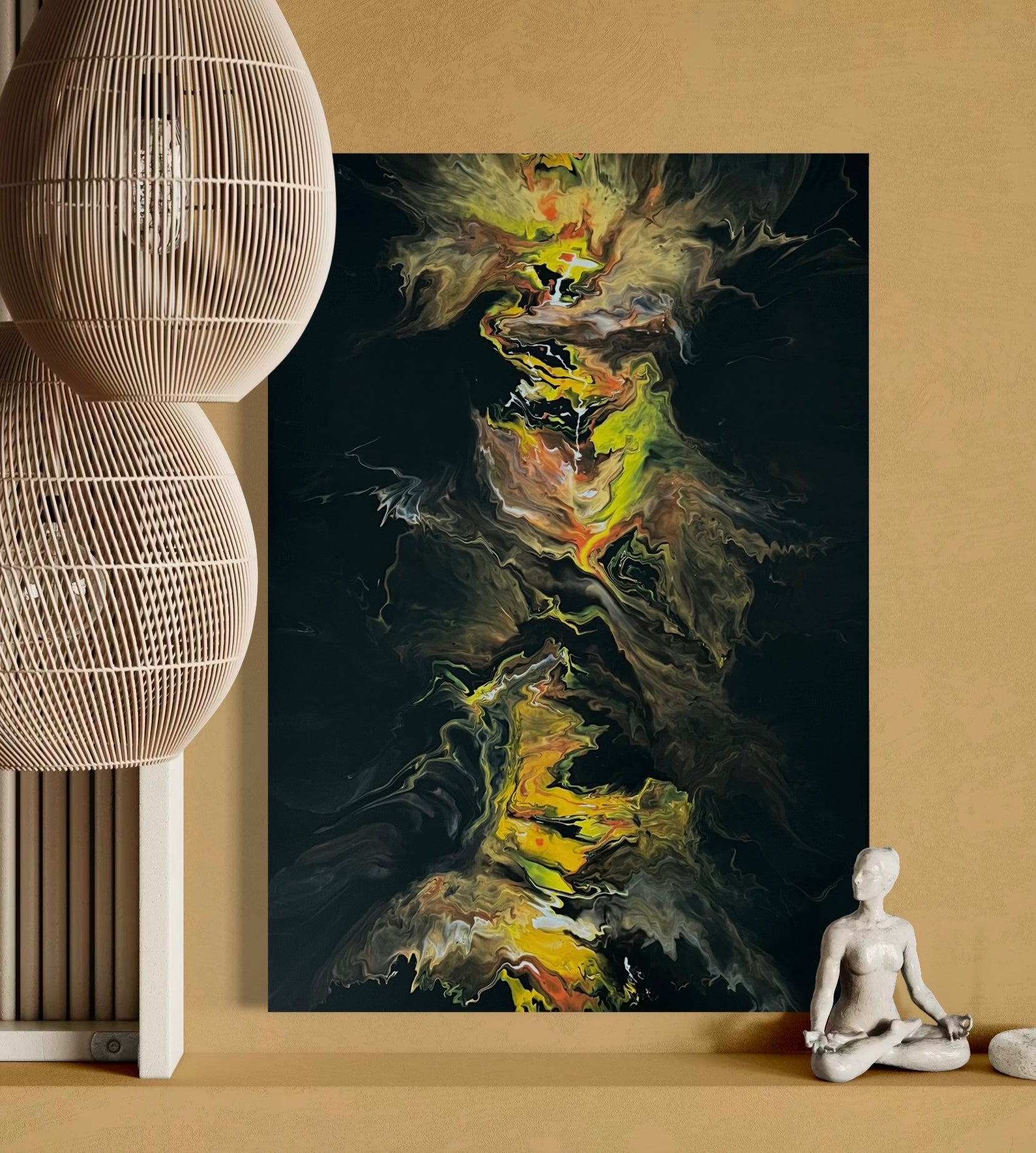 Abstract acrylic painting with bright yellow, orange and black tones in a vertical flow technique - expressive fluid art artwork with fiery dynamics on a black background.