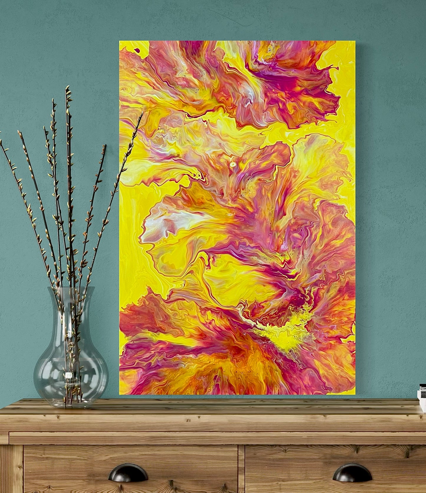Abstract acrylic painting in intense shades of yellow, orange, pink, and red with flowing, energetic color gradients. The dynamic structure is reminiscent of fire, light, and movement, creating a lively, powerful aura. Contemporary abstract art on canvas—a unique, hand-painted piece, ideal for modern living spaces or galleries.