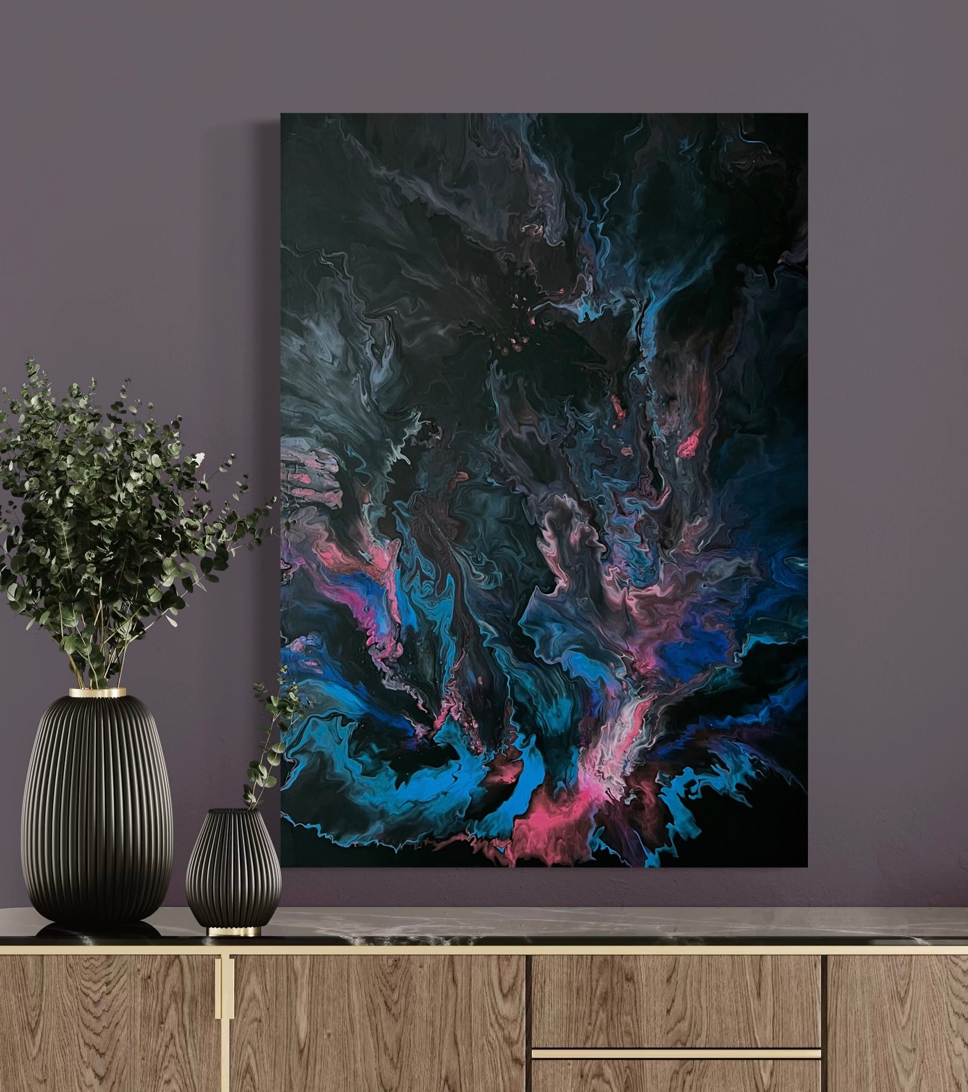Abstract acrylic painting with dark background and luminous flowing structures in blue, pink, turquoise - modern fluid art artwork with mystical depth and lively movement.