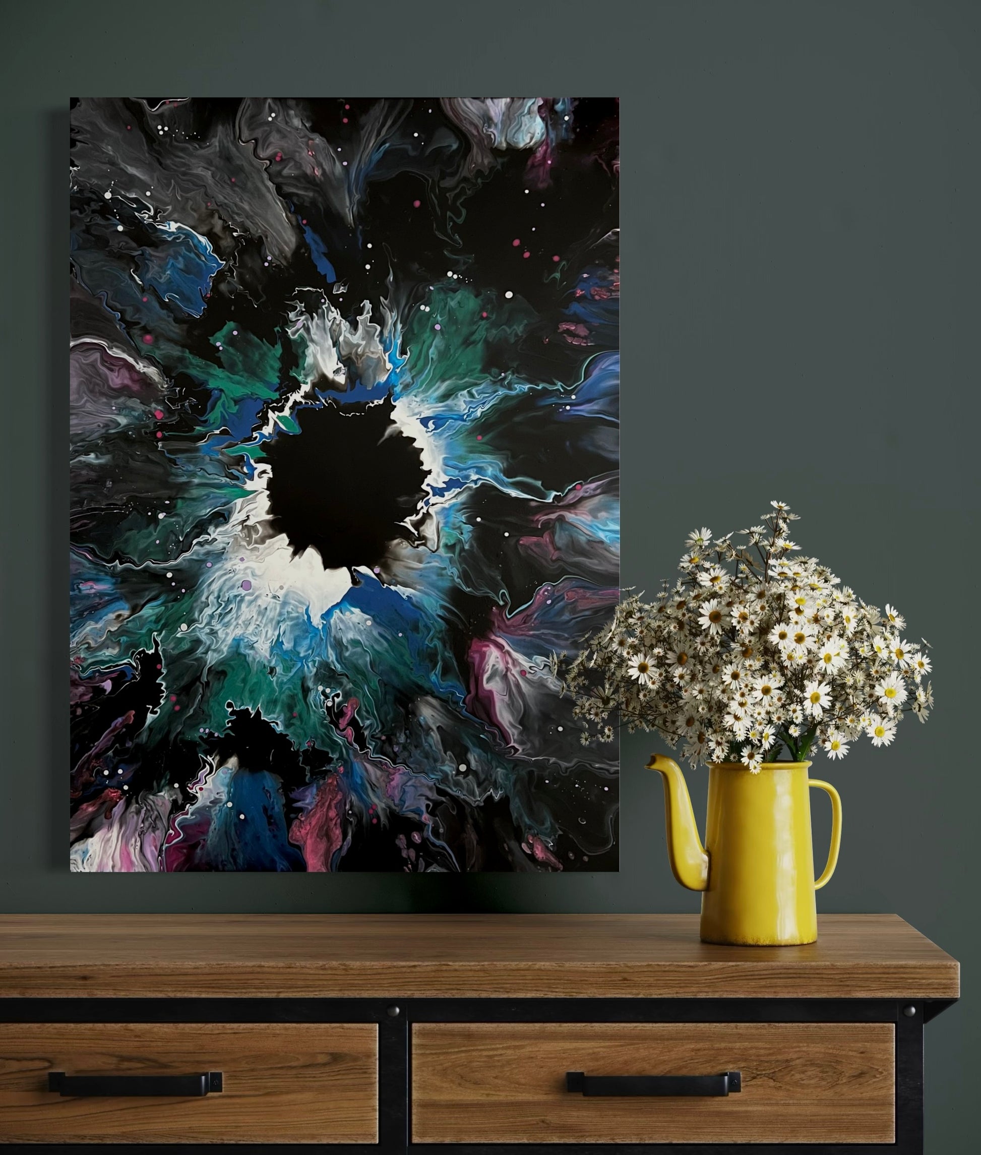 Abstract acrylic painting with a dark center and vivid color spill in green, blue, purple and white on a black background - modern fluid art artwork with explosive galaxy effect and dynamic depth.