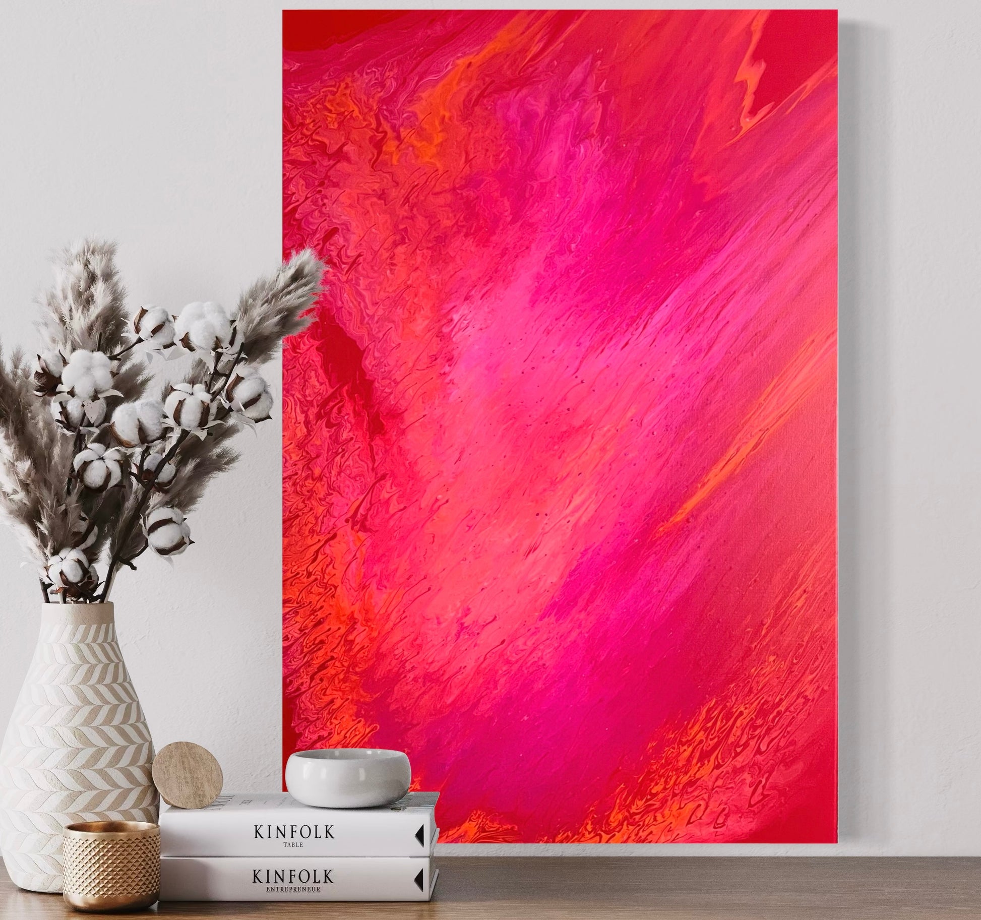 Modern acrylic painting in bold reds, pinks and oranges with smooth transitions and dynamic structure - minimalist fluid art artwork for stylish wall design.