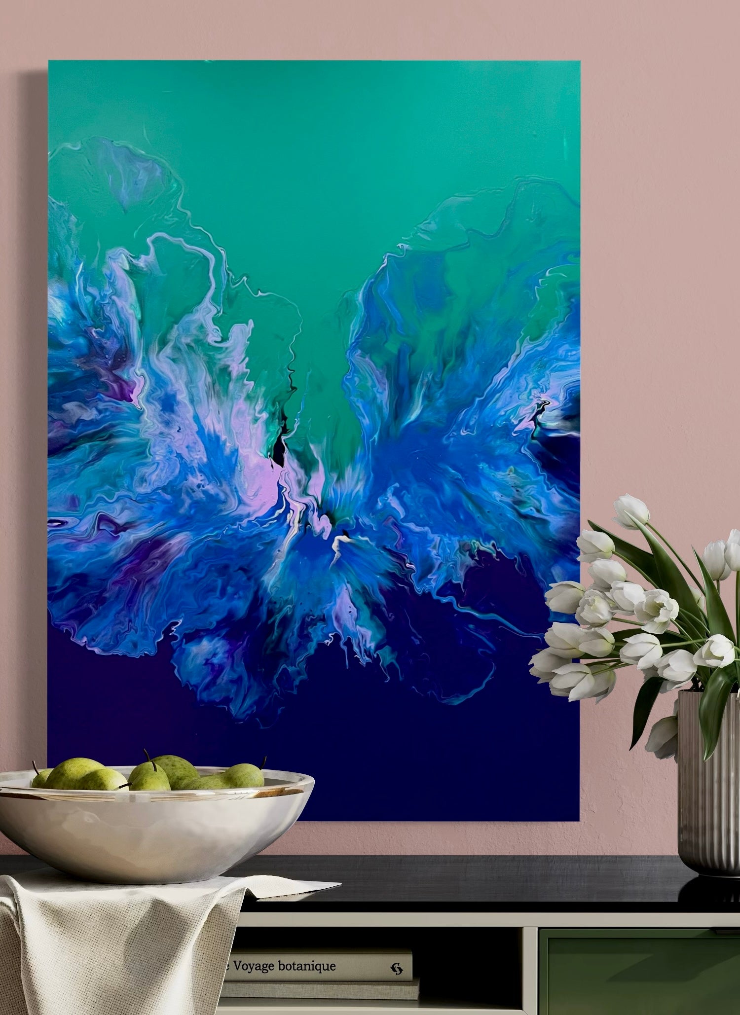 Abstract acrylic painting in intense shades of blue, turquoise, and green with flowing, ocean-like color gradients. The composition is reminiscent of water movements or natural formations and radiates calm, depth, and harmony. Hand-painted unique piece in the fluid art style—modern abstract painting on canvas, ideal as stylish wall decoration for contemporary living spaces or galleries.