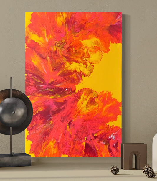Luminous acrylic painting with abstract flowing structures in intense red and orange on a yellow background - modern fluid art artwork with a fiery radiance for stylish interiors.