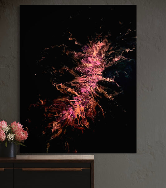 Abstract painting with a dark background and bright swirls in shades of copper, gold, and rose, reminiscent of a flame emerging from darkness.