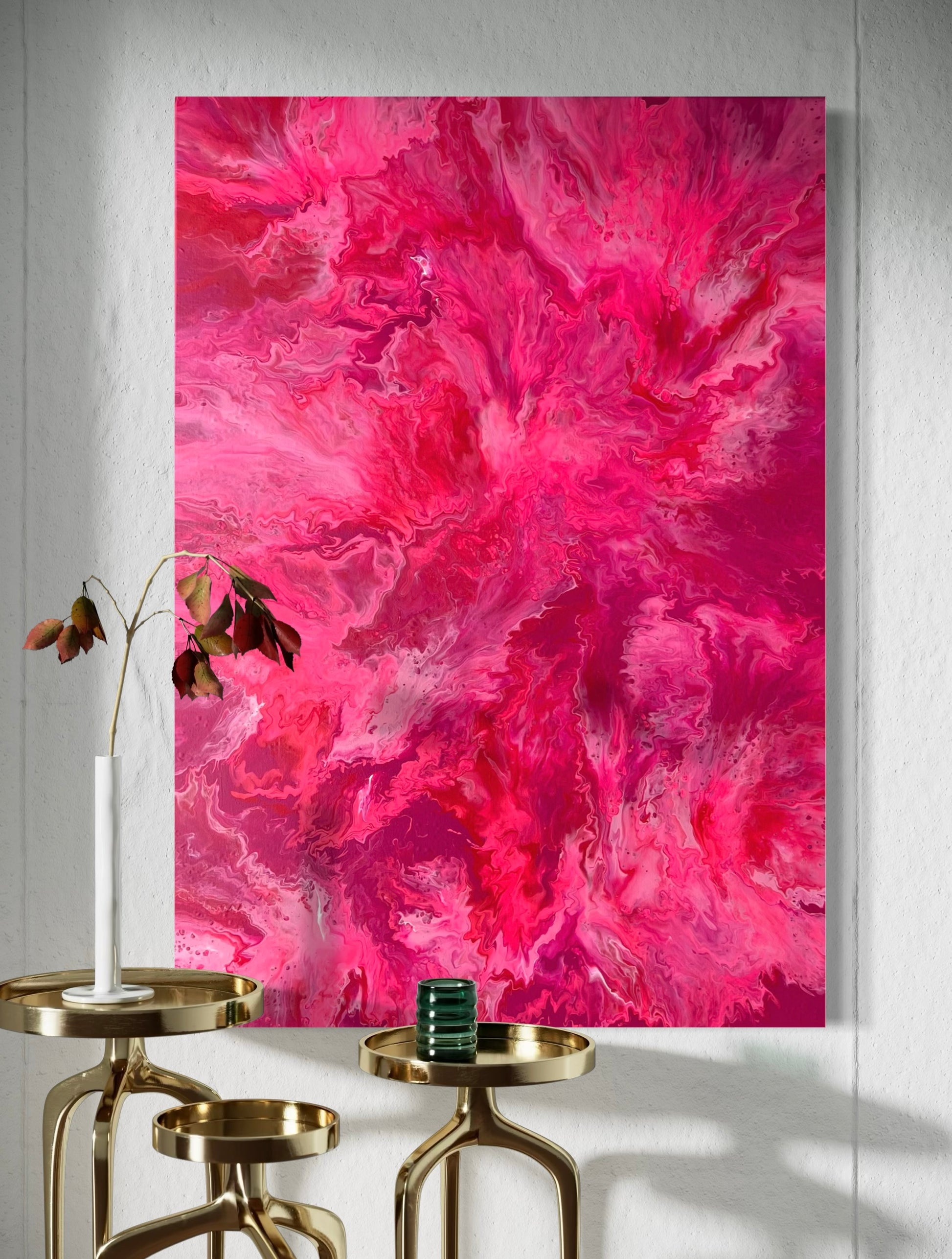 Abstract acrylic painting in intense pink, rose and red tones with organic, flowing shapes - modern fluid art artwork eye-catching color accent for contemporary living spaces.
