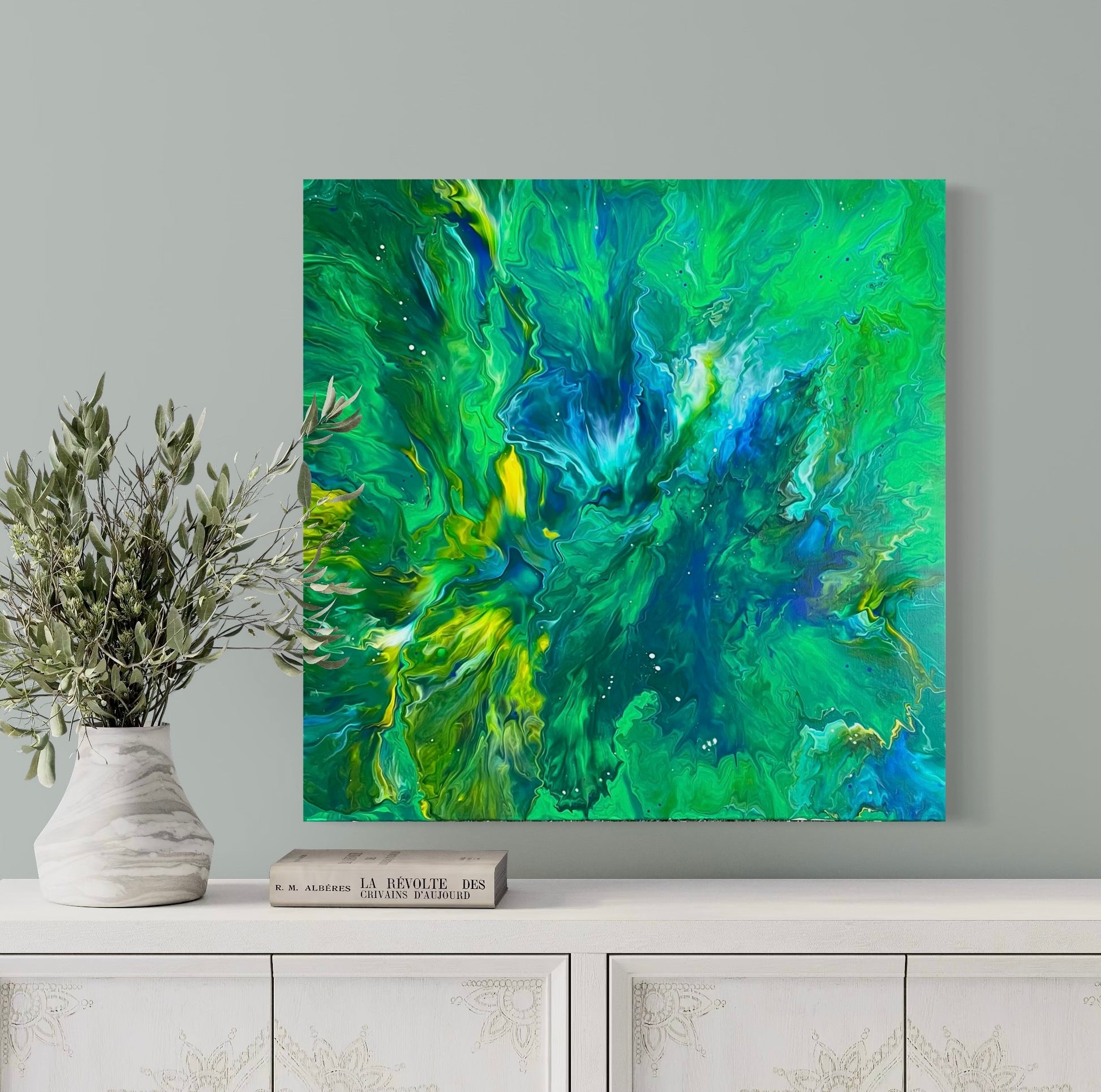 Abstract acrylic painting in strong green, blue and yellow with dynamic flow structures - modern fluid art artwork with vibrant energy, ideal for creative and natural interior design