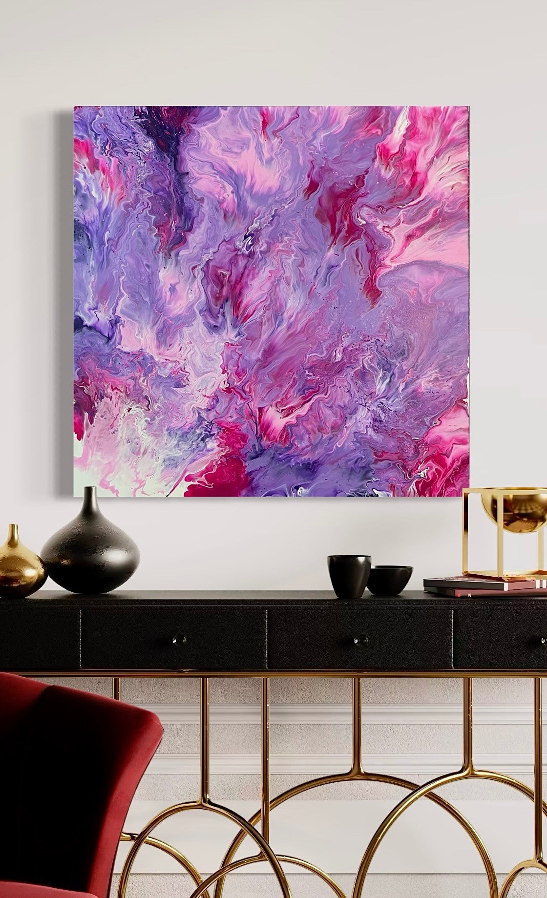 Abstract acrylic painting in intense shades of pink, purple, and violet with soft, flowing color gradients and a dynamic depth effect. The harmonious composition is reminiscent of clouds, flowers, or movement in water and creates an atmosphere that is both powerful and calming. Hand-painted, one-of-a-kind piece in the fluid art style—modern abstract art on canvas, ideal as an elegant eye-catcher in contemporary interior design.