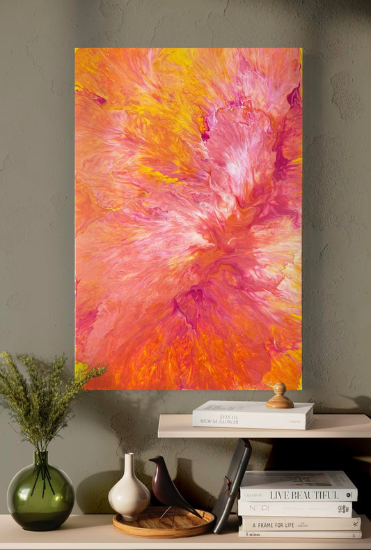 Abstract acrylic painting in bright yellow, orange and red tones with fiery flowing structures - modern fluid art artwork as an energetic eye-catcher for creative interior design.