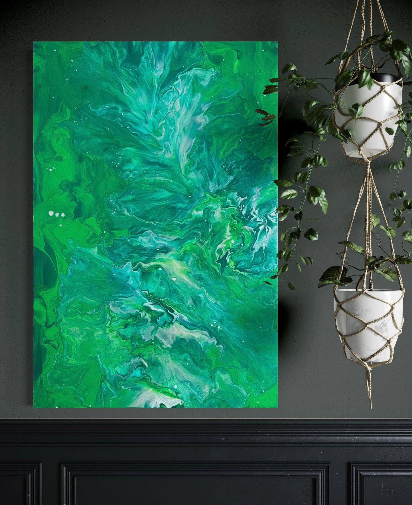 Abstract acrylic painting in vibrant green and turquoise tones with a marbled flow technique and organic textures - modern mural for stylish interior design.
