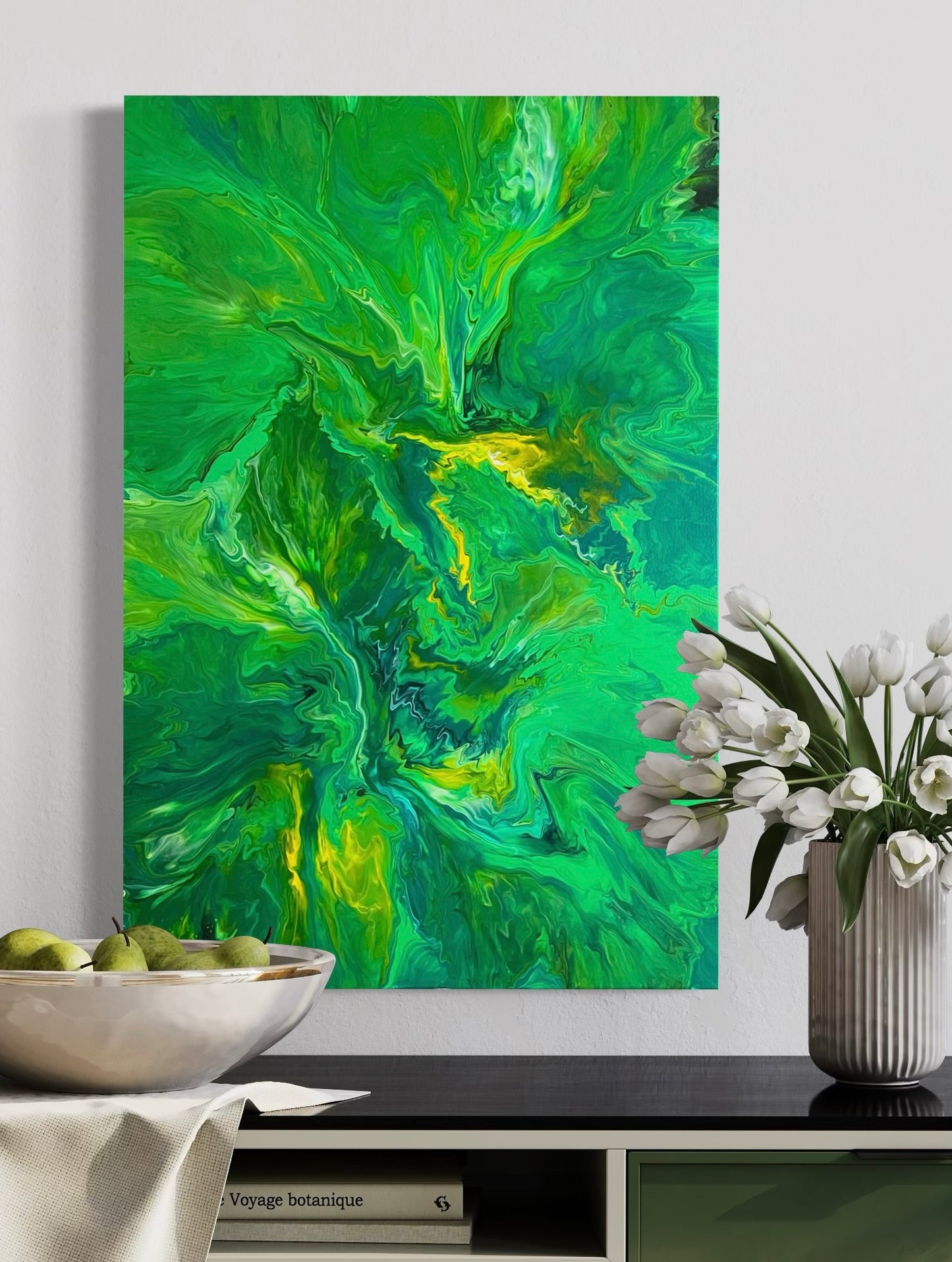 Abstract acrylic painting in vibrant green tones with yellow accents and dynamic flowing structure - modern fluid art artwork with organic energy for stylish interior design.