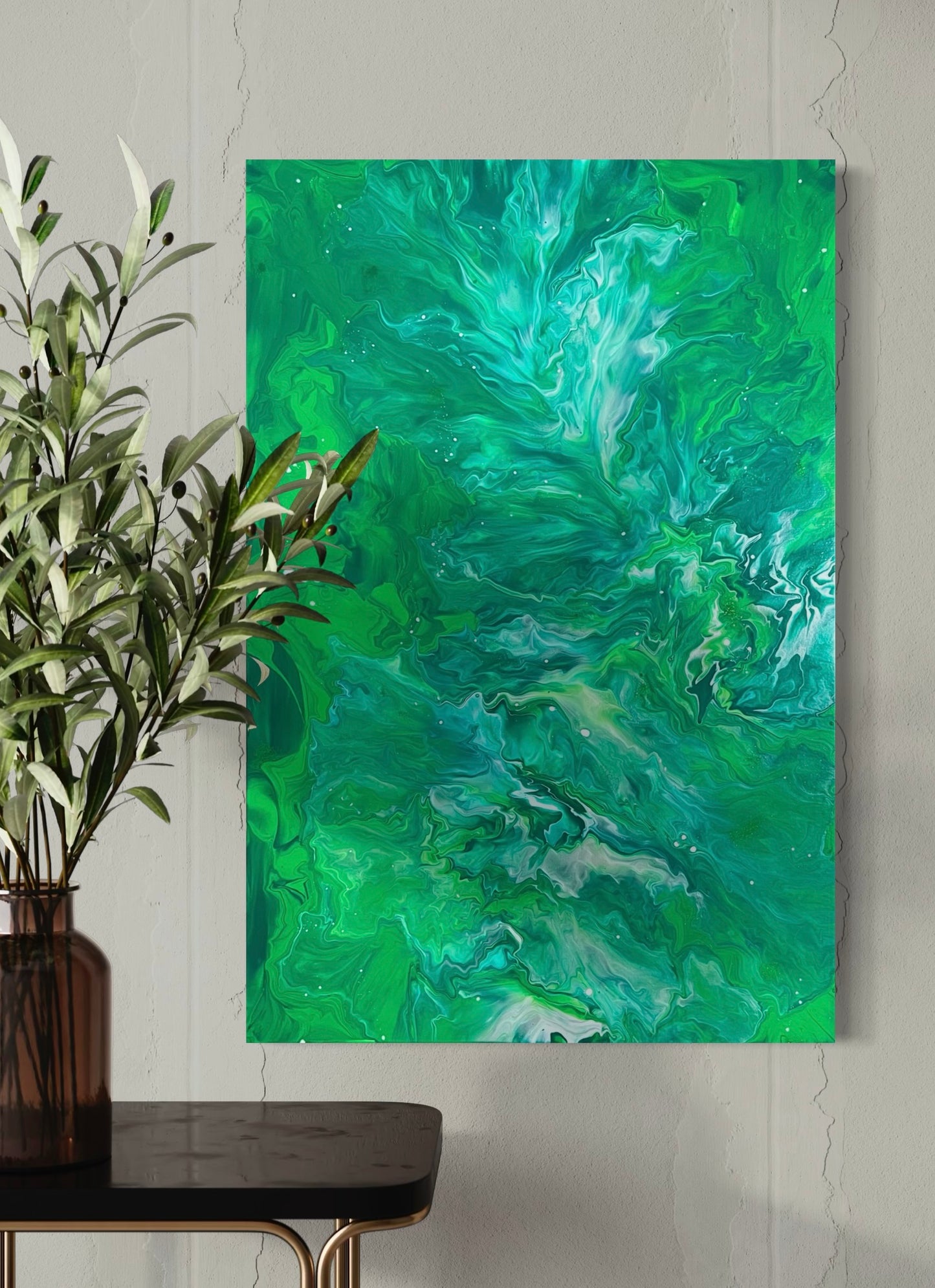 Abstract acrylic painting in vibrant green and turquoise tones with a marbled flow technique and organic textures - modern mural for stylish interior design.