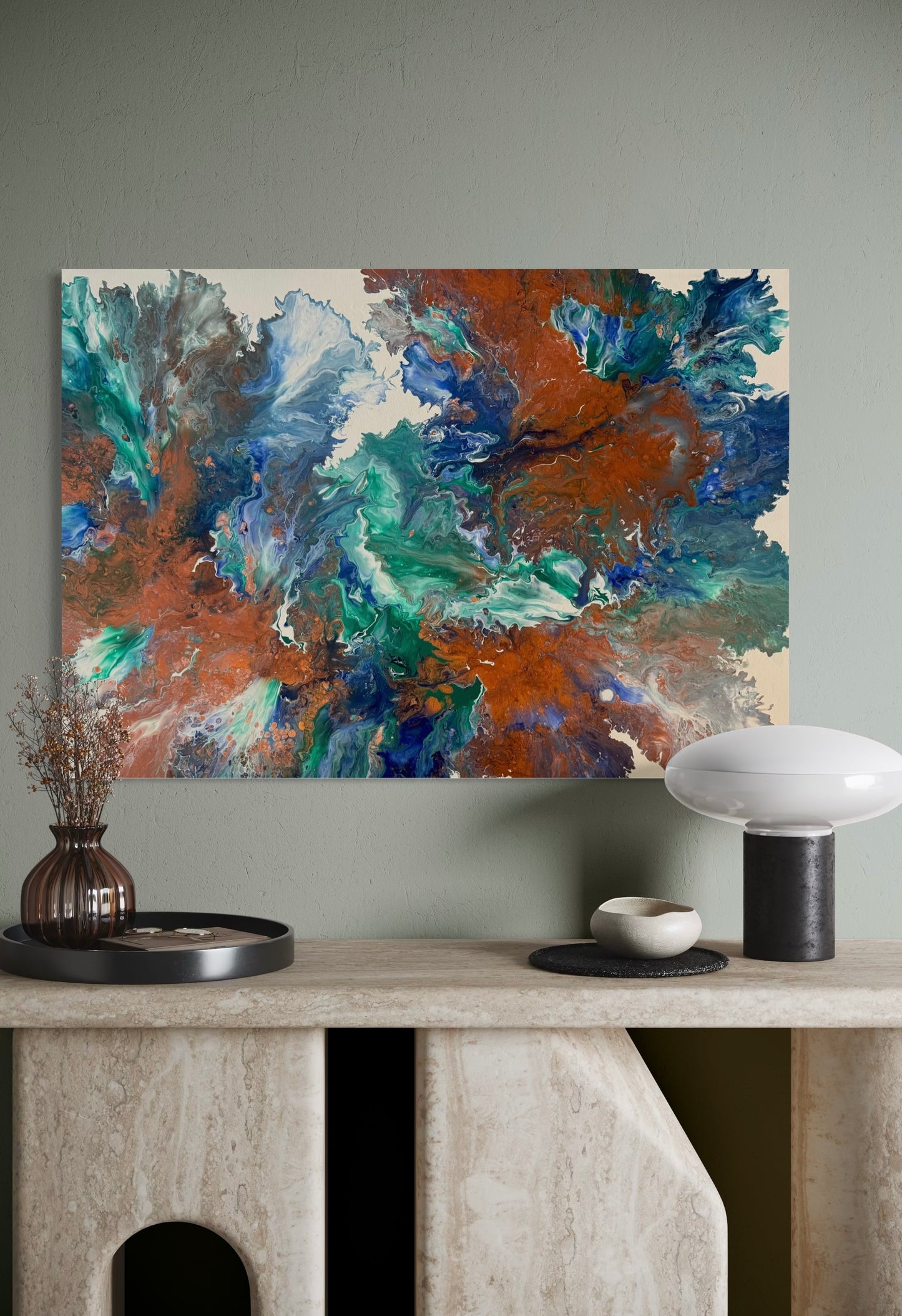 Abstract painting in shades of green, blue, white, and copper with flowing, marbled color gradients reminiscent of the harmonious dance of the elements.
