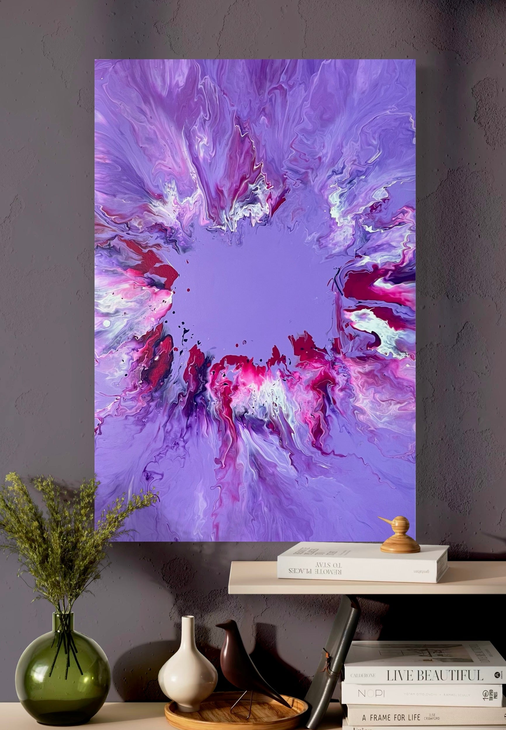 Abstract acrylic painting with purple background and dynamic flowing structures in purple, pink and white - modern fluid art artwork with energetic center and expressive color gradient.