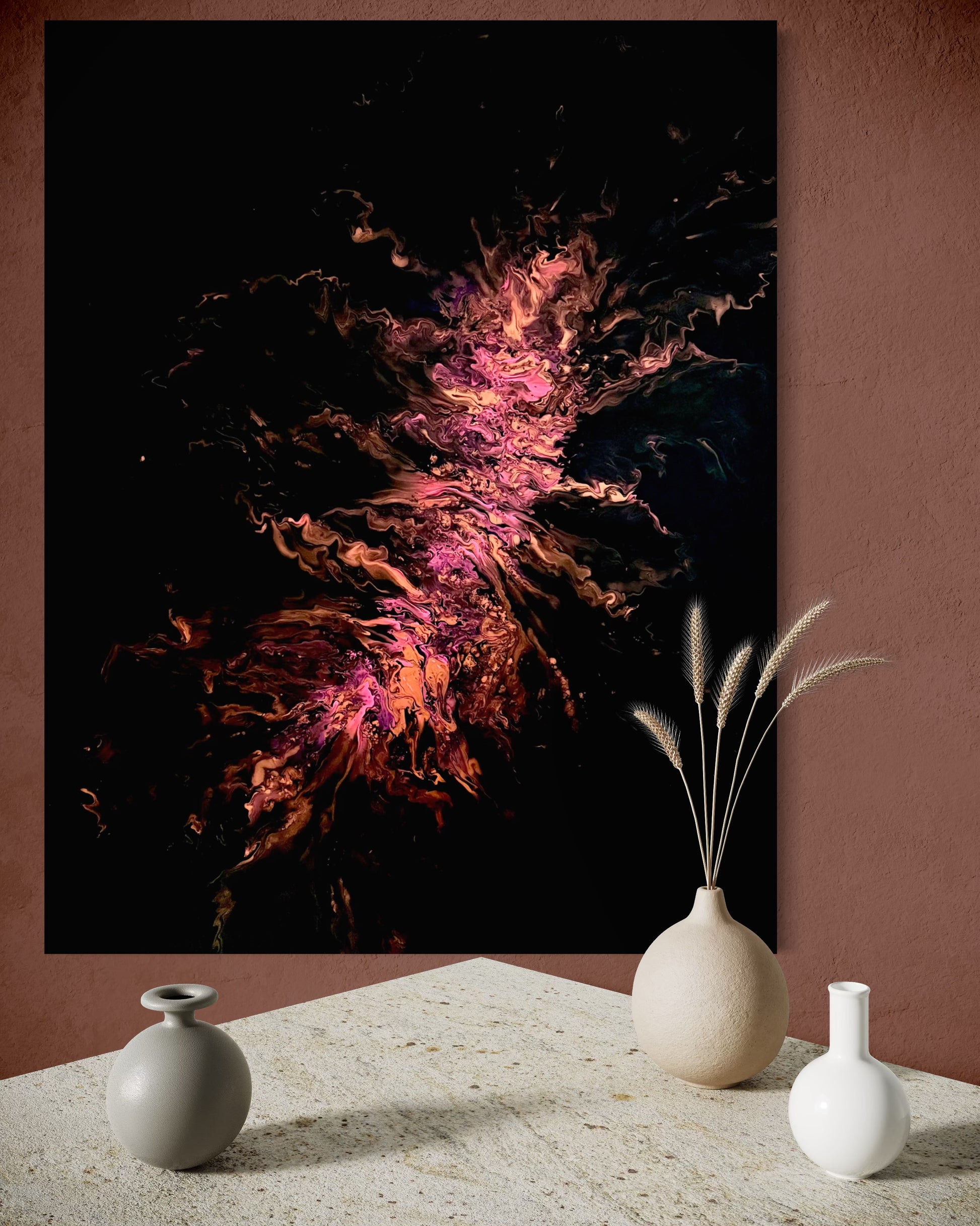 Abstract painting with a dark background and bright swirls in shades of copper, gold, and rose, reminiscent of a flame emerging from darkness.