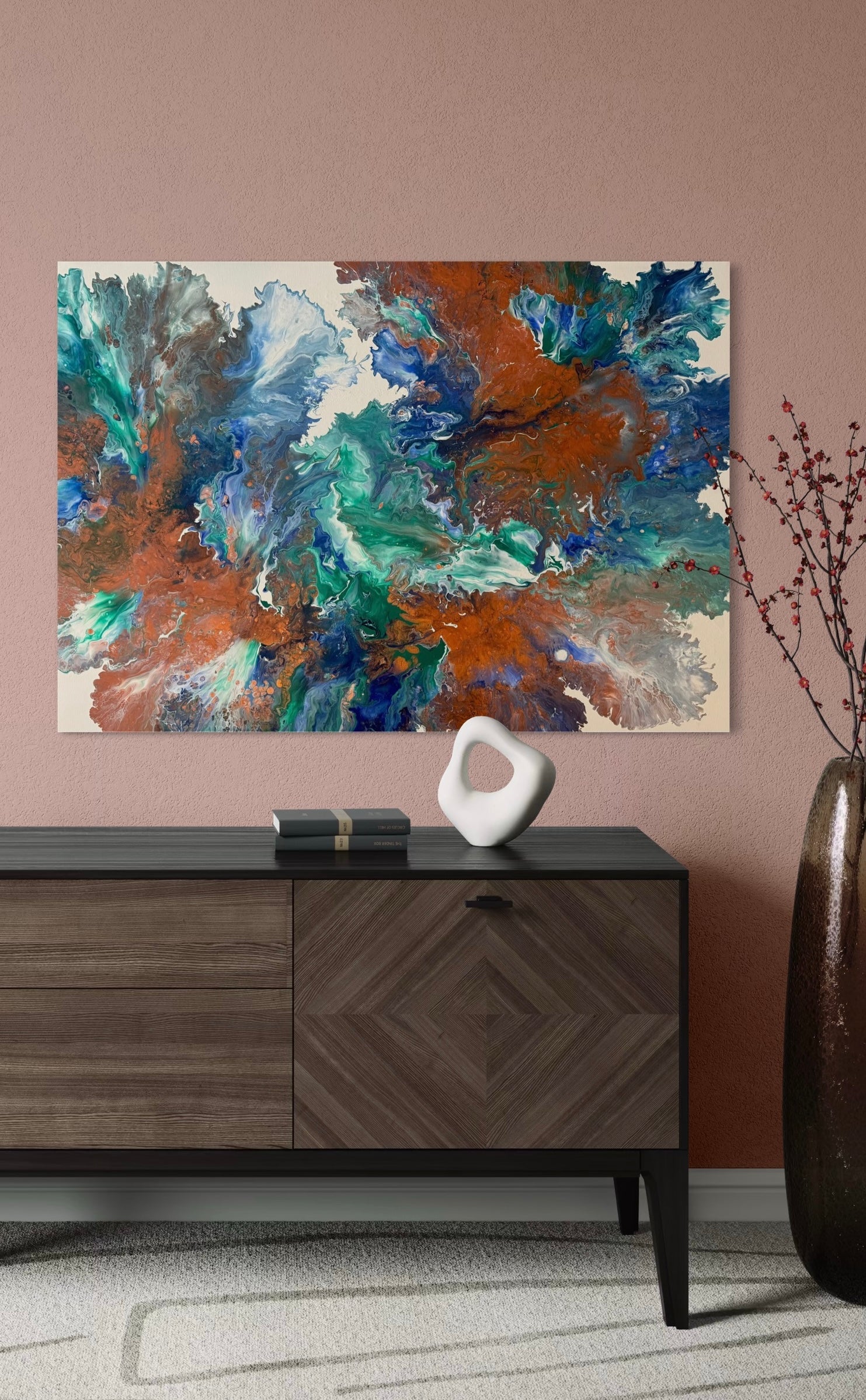 Abstract painting in shades of green, blue, white, and copper with flowing, marbled color gradients reminiscent of the harmonious dance of the elements.