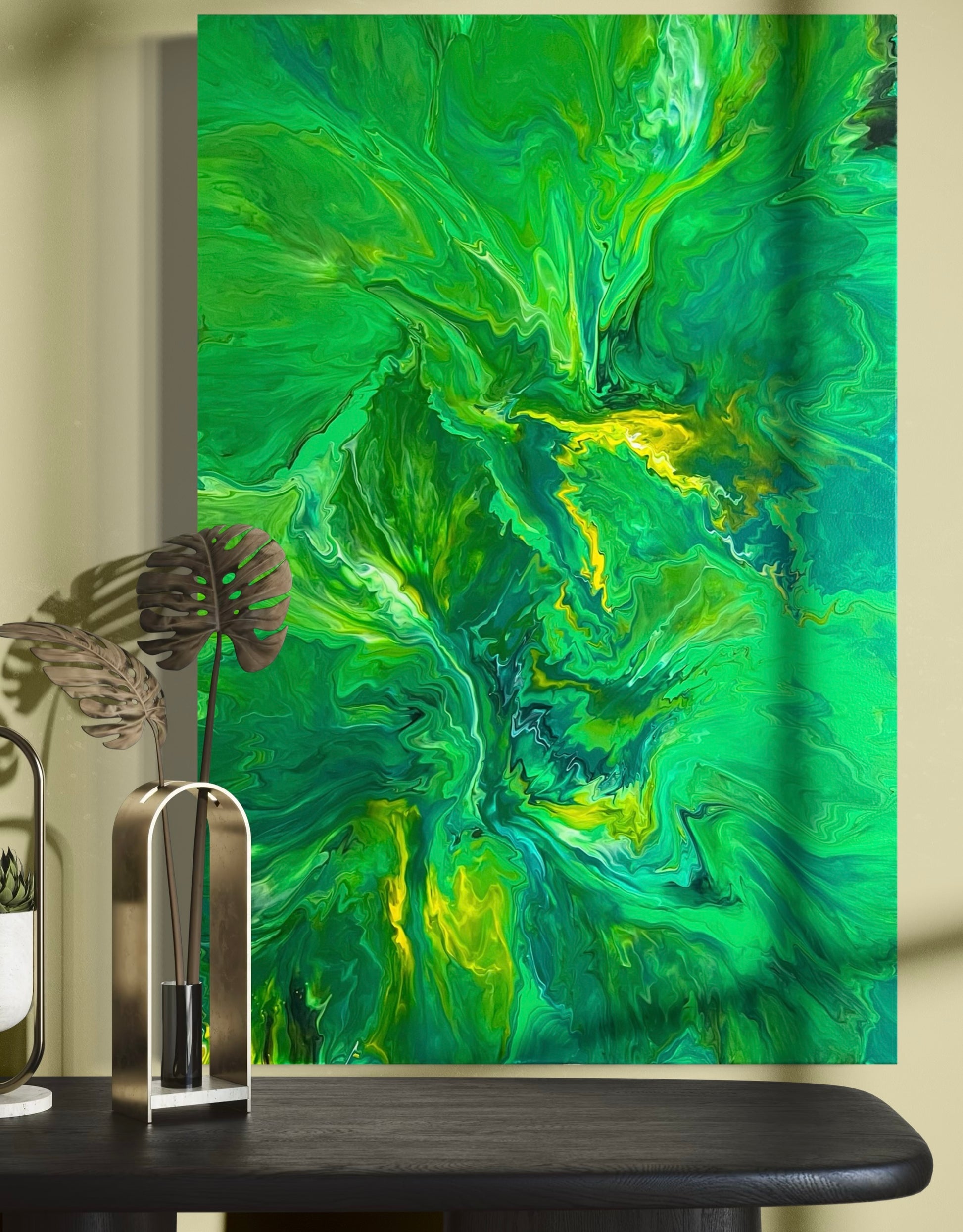 Abstract acrylic painting in vibrant green tones with yellow accents and dynamic flowing structure - modern fluid art artwork with organic energy for stylish interior design.