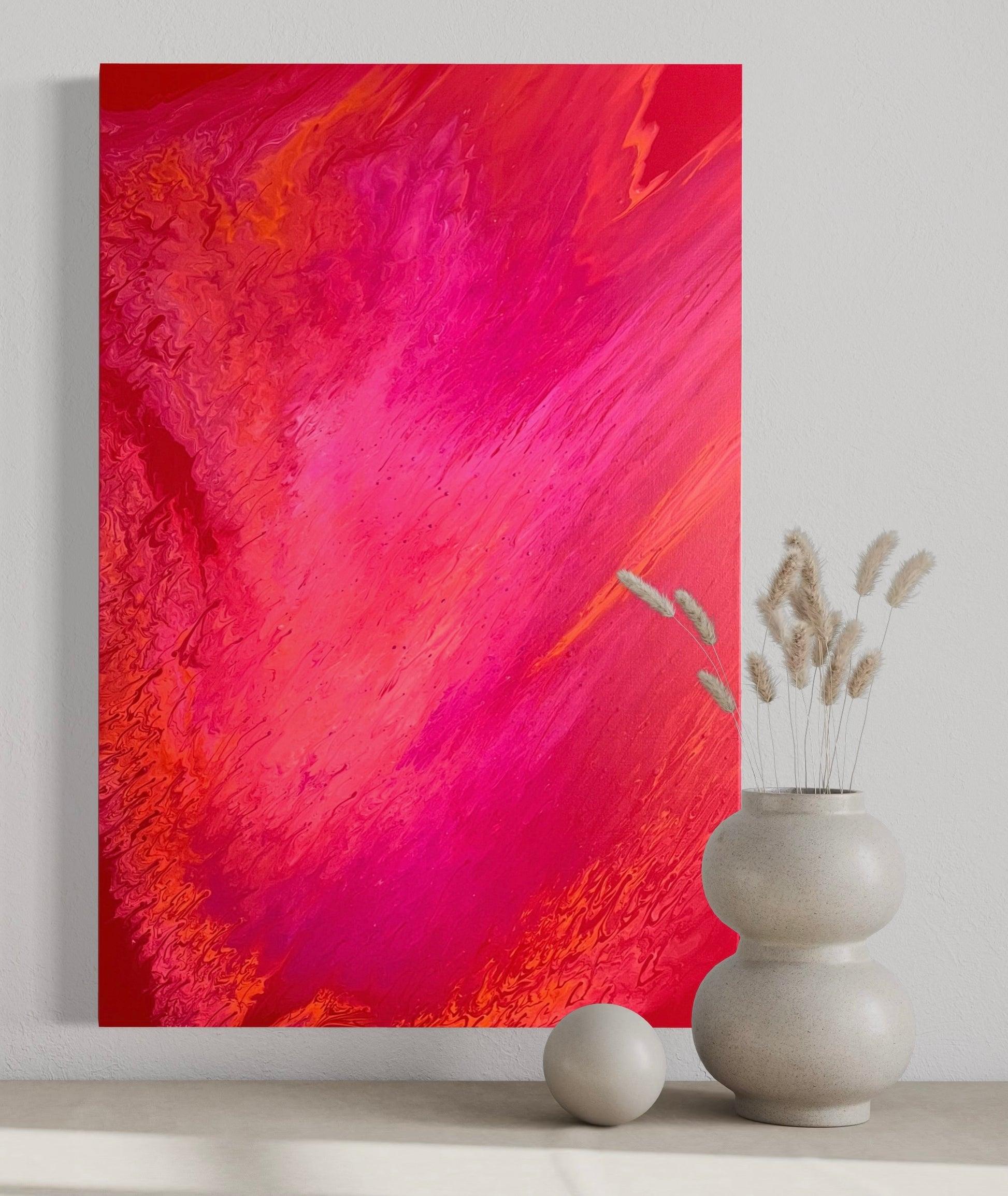 Modern acrylic painting in bold reds, pinks and oranges with smooth transitions and dynamic structure - minimalist fluid art artwork for stylish wall design.
