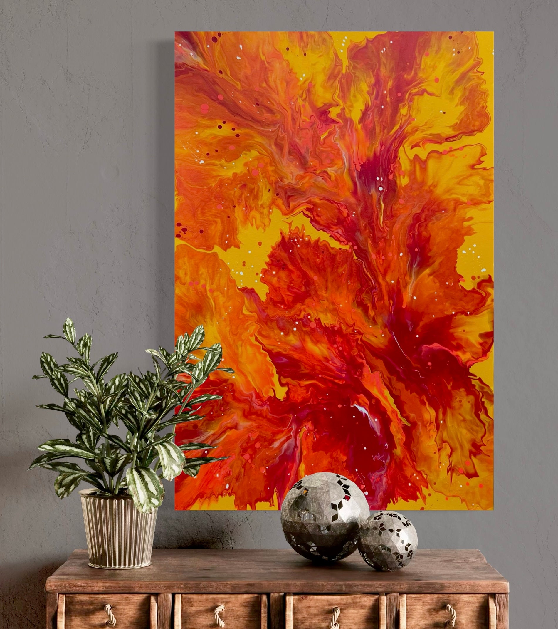Abstract acrylic painting with intense red tones and orange-yellow flowing textures on a warm background - modern fluid art artwork with fiery dynamism and energetic charisma.