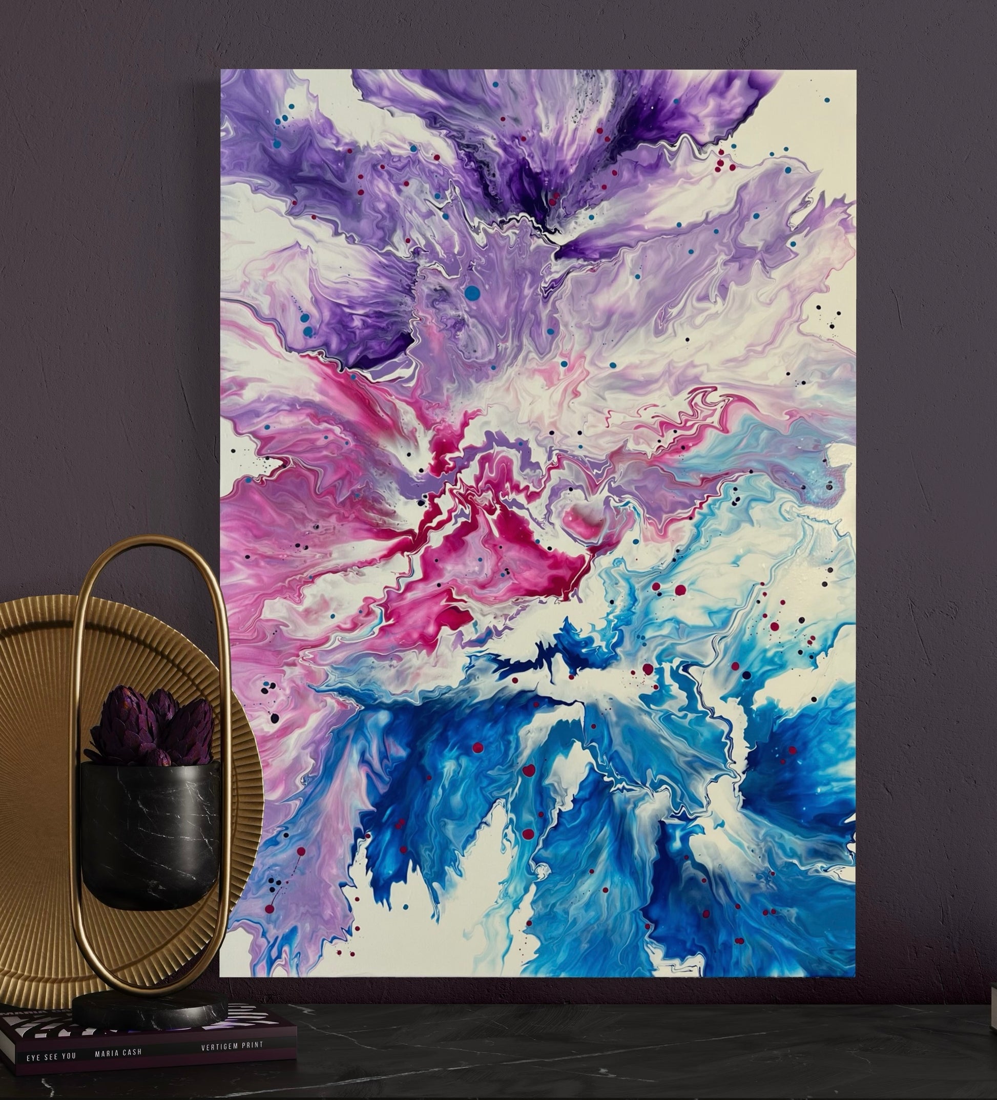 Abstract acrylic painting with lively flowing structures in purple, pink, blue and white on a light background - modern fluid art artwork with dynamic energy for stylish interiors.