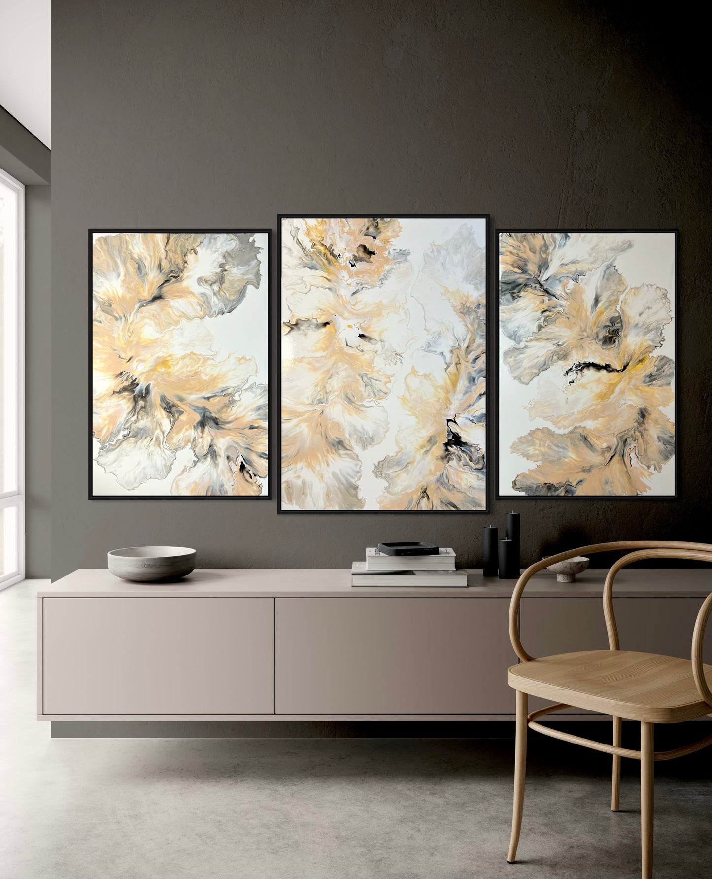 Three-part abstract acrylic painting series in soft beige, gold, and gray tones on light canvas. The flowing, cloud-like shapes are reminiscent of delicate petals or fine layers of marble, giving the composition a refined, tranquil aura. The harmonious color palette and soft transitions create elegance and balance. 