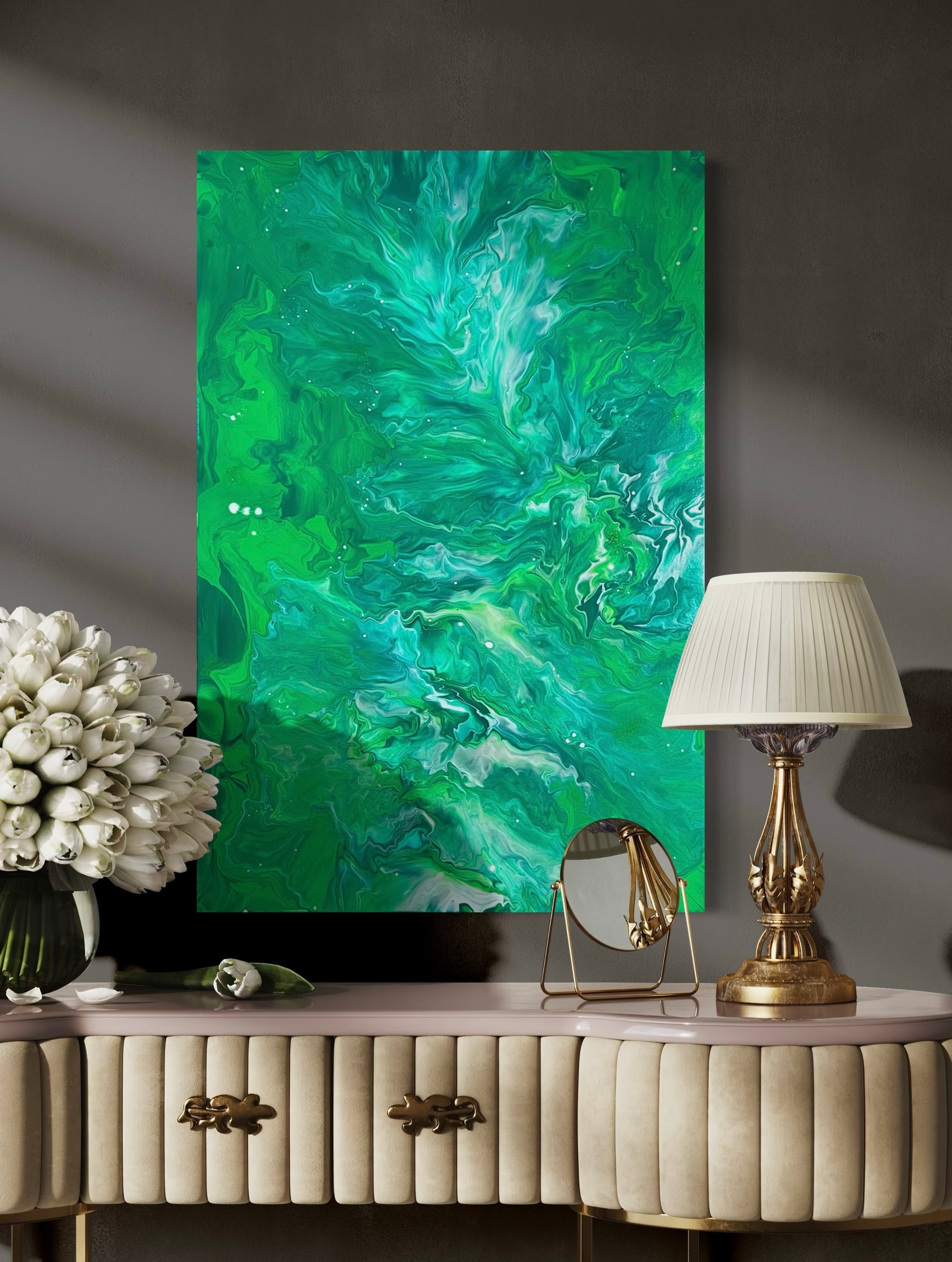 Abstract acrylic painting in vibrant green and turquoise tones with a marbled flow technique and organic textures - modern mural for stylish interior design.