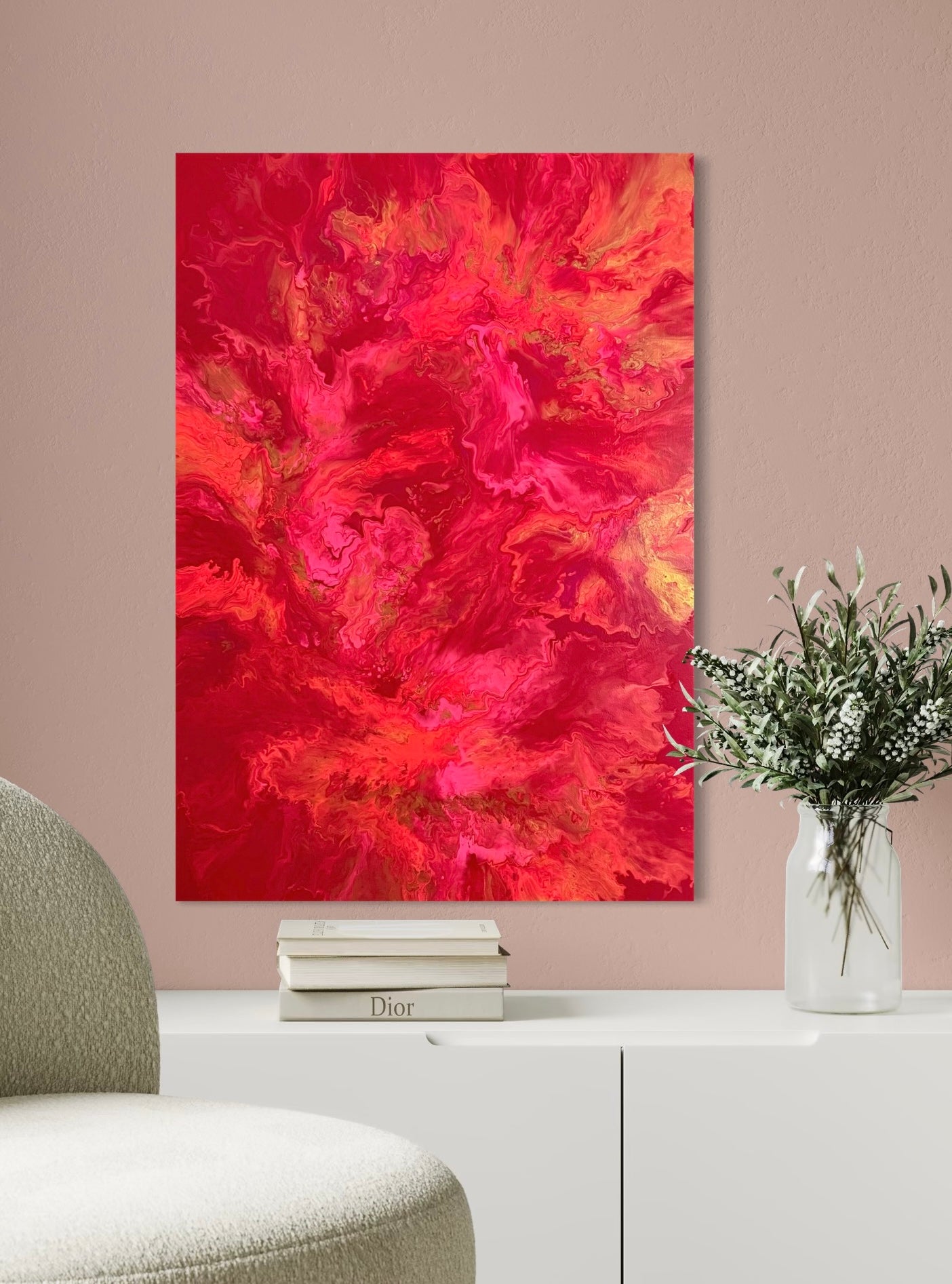 Abstract painting in intense shades of red, pink, and gold with flowing, marbled color gradients reminiscent of blazing flames and passionate movement.