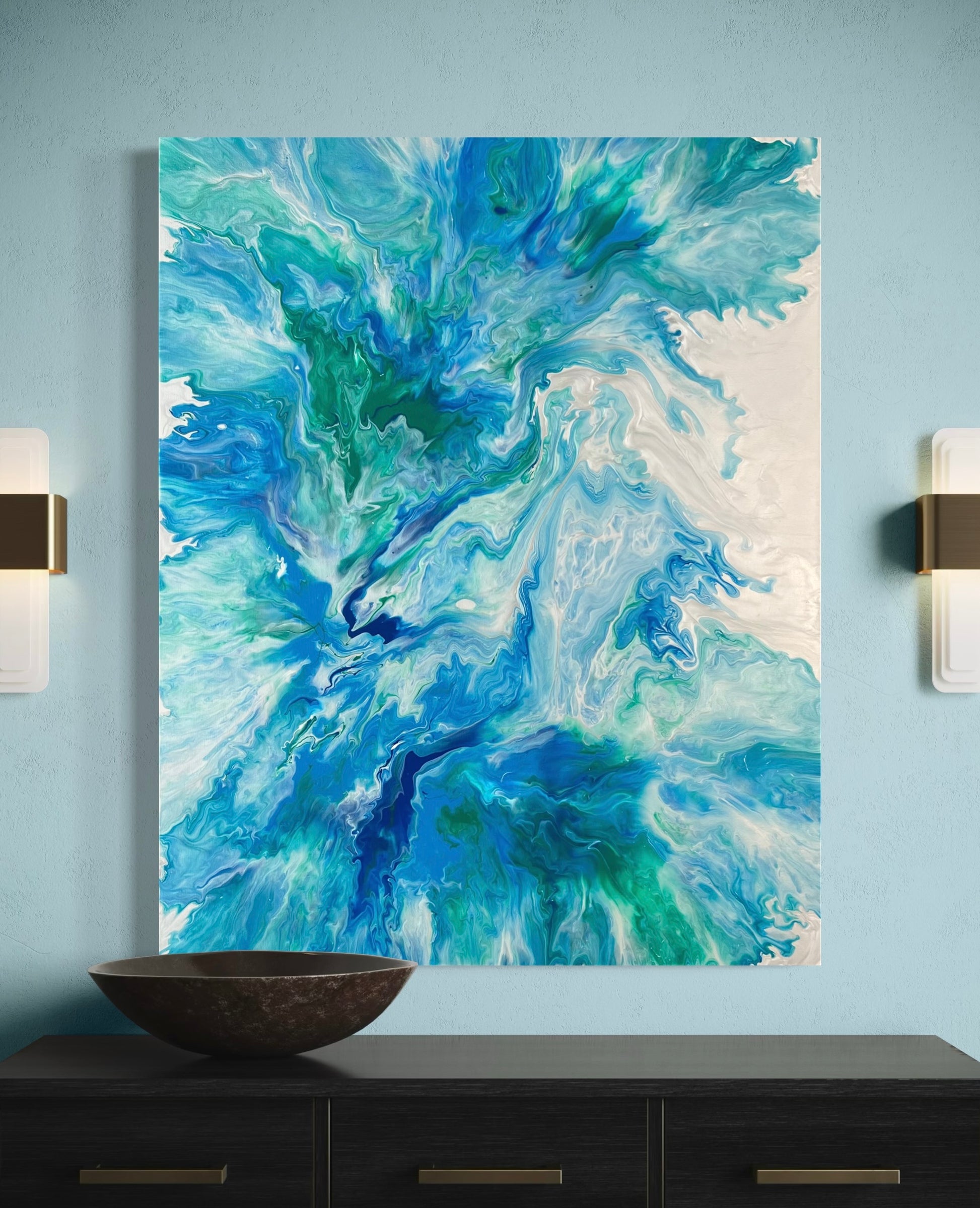 Abstract acrylic painting with vibrant shades of blue, turquoise and silver in a dynamic flow technique - modern fluid art artwork inspired by water and movement, ideal for contemporary living spaces.