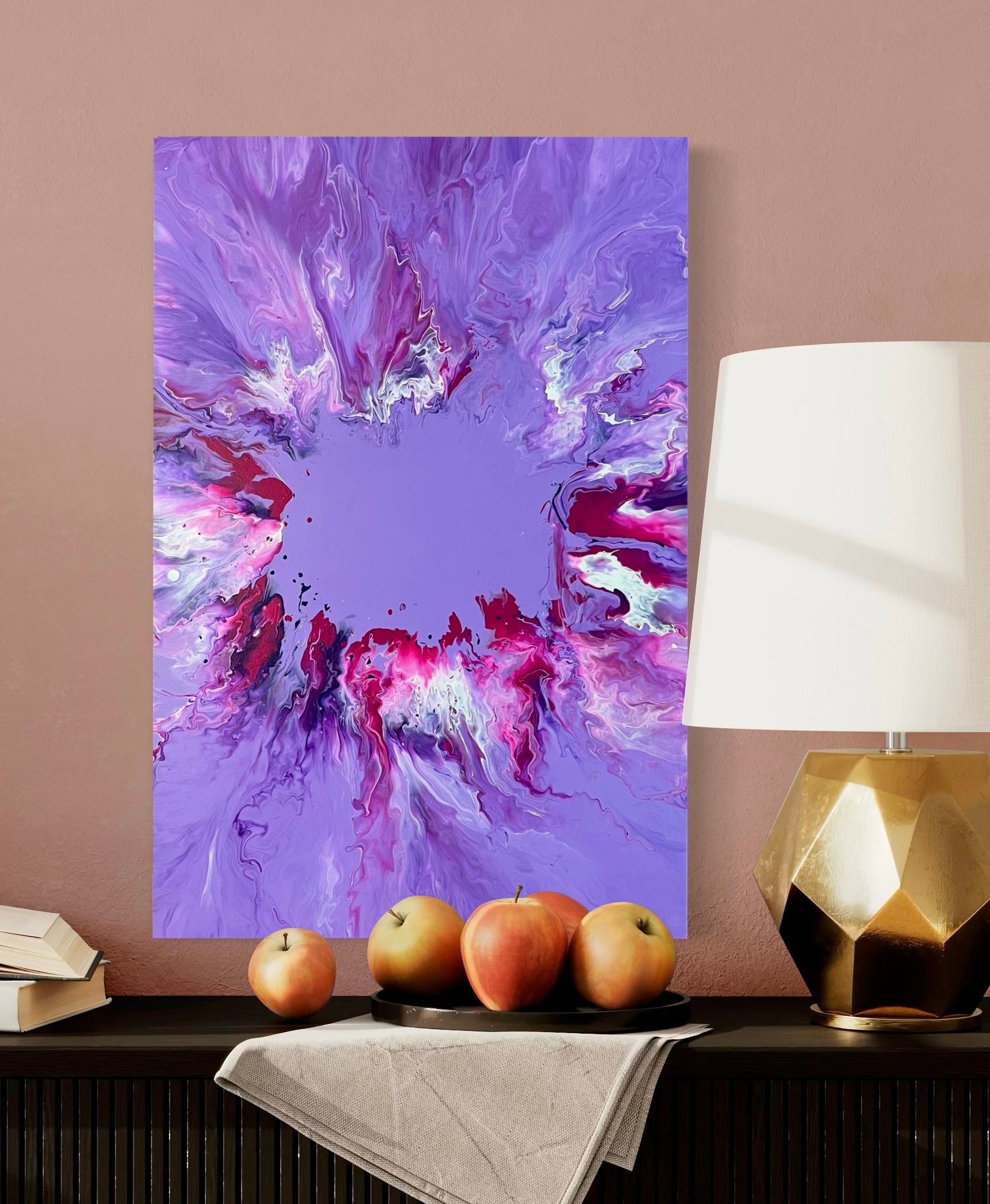 Abstract acrylic painting with purple background and dynamic flowing structures in purple, pink and white - modern fluid art artwork with energetic center and expressive color gradient.
