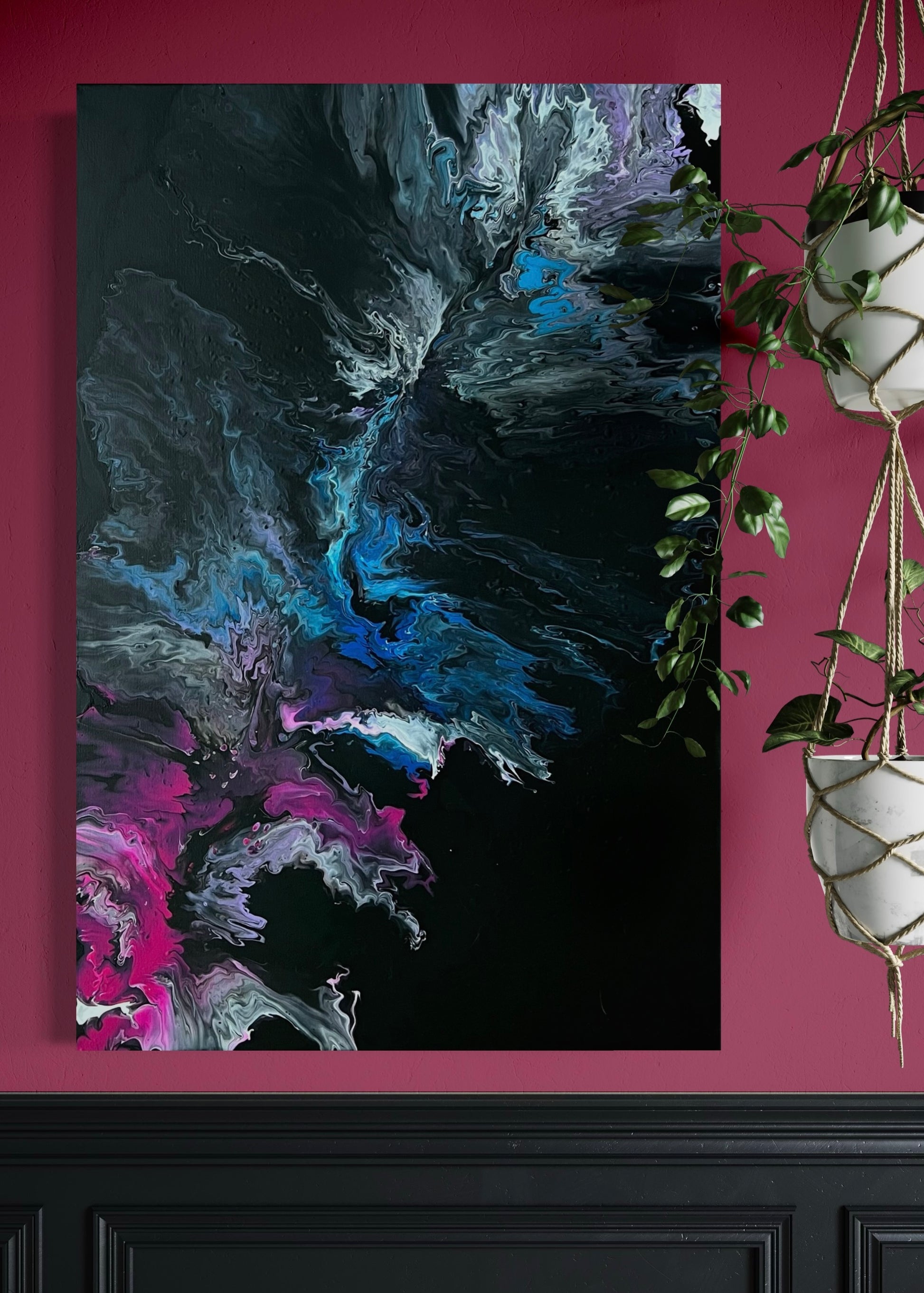 Abstract acrylic painting with dynamic color gradients in blue, turquoise, pink, violet on a black background - modern fluid art artwork with cosmic flair for stylish interior design.