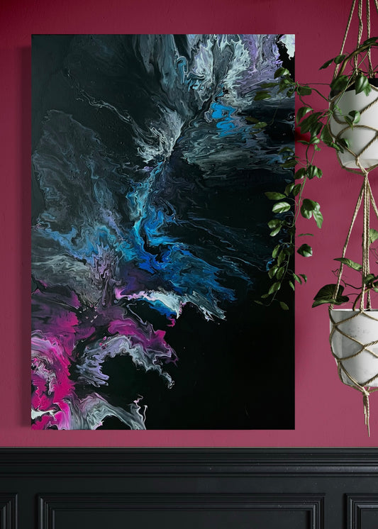 Abstract acrylic painting with dynamic color gradients in blue, turquoise, pink, violet on a black background - modern fluid art artwork with cosmic flair for stylish interior design.