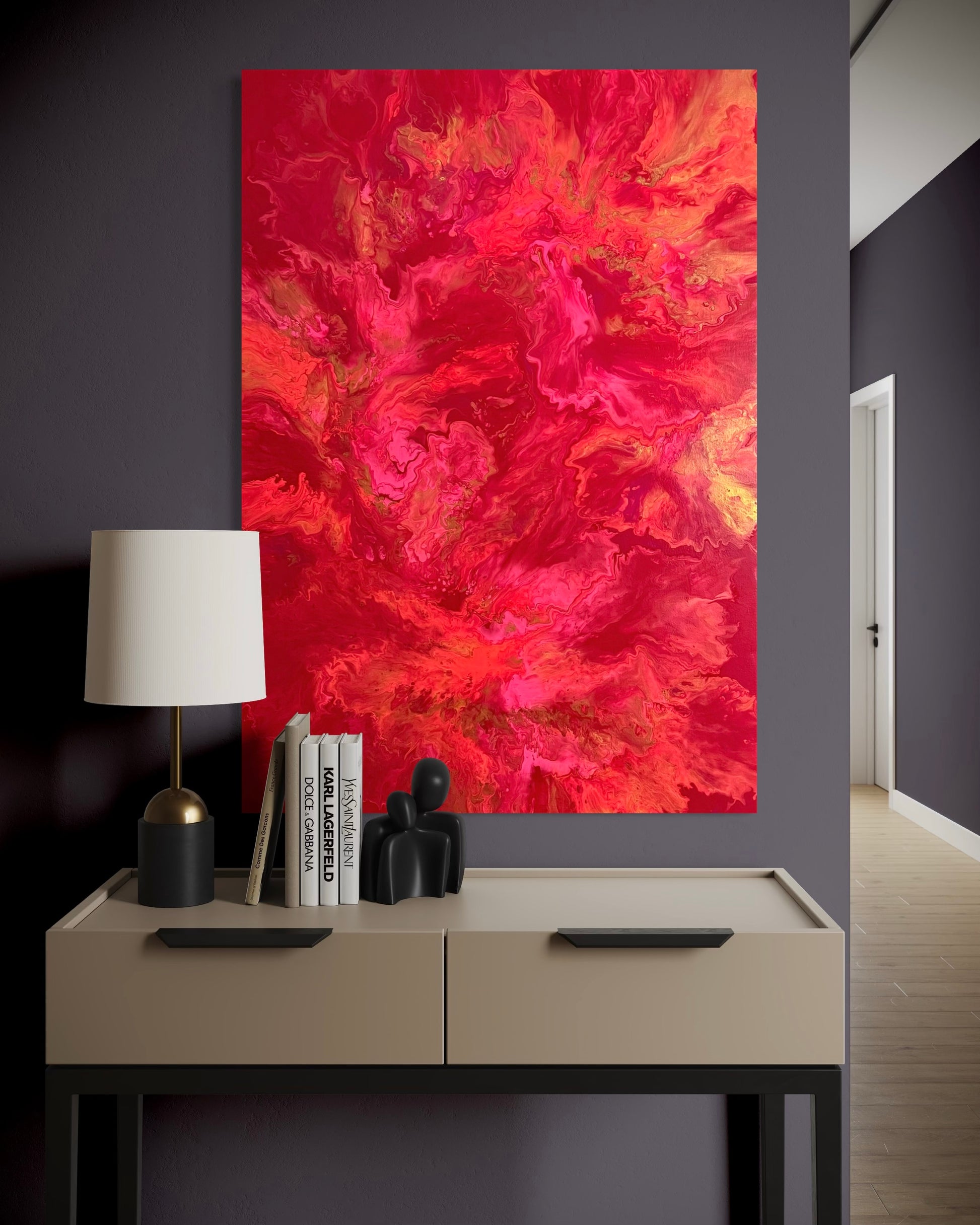 Abstract painting in intense shades of red, pink, and gold with flowing, marbled color gradients reminiscent of blazing flames and passionate movement.