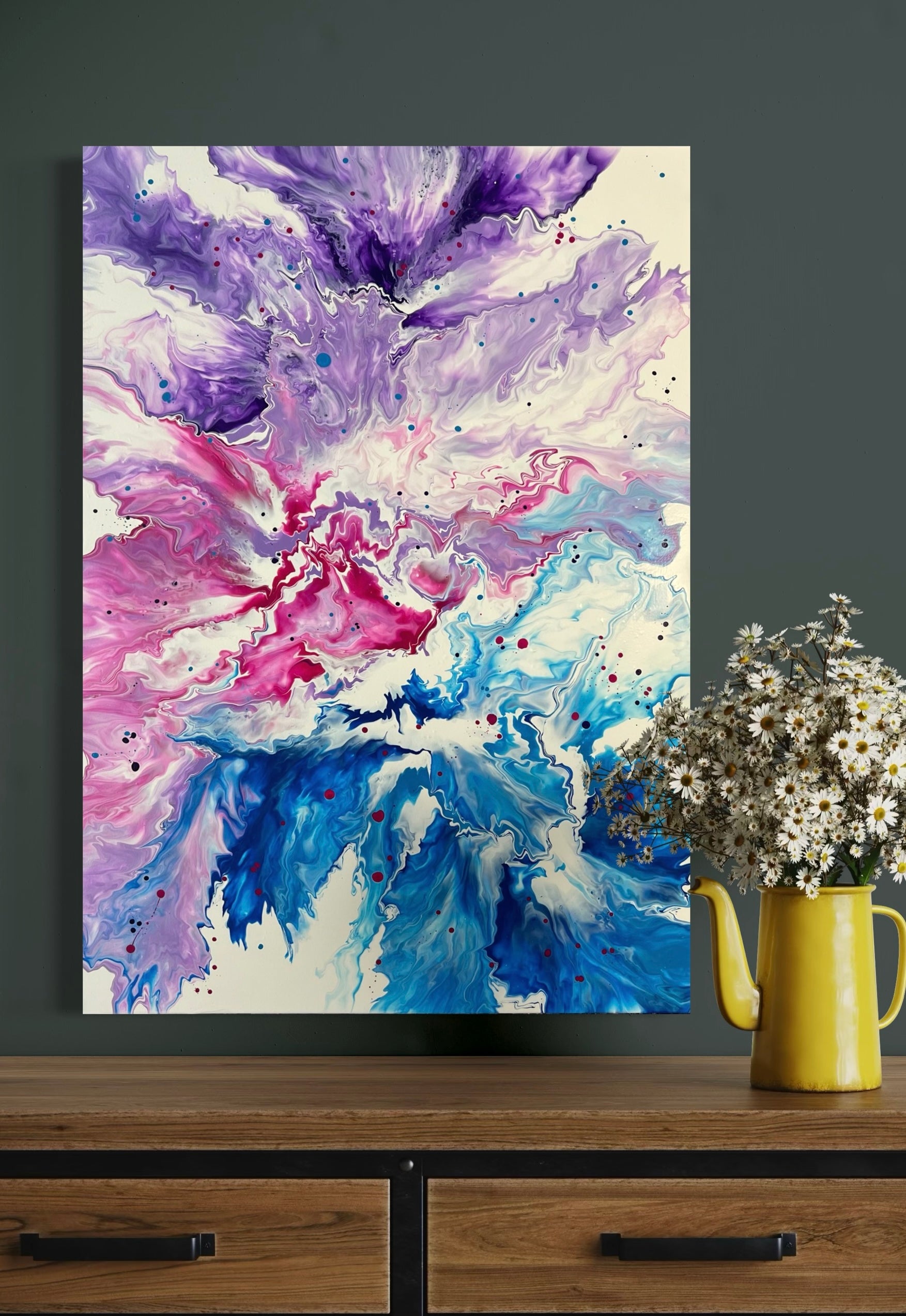 Abstract acrylic painting with lively flowing structures in purple, pink, blue and white on a light background - modern fluid art artwork with dynamic energy for stylish interiors.