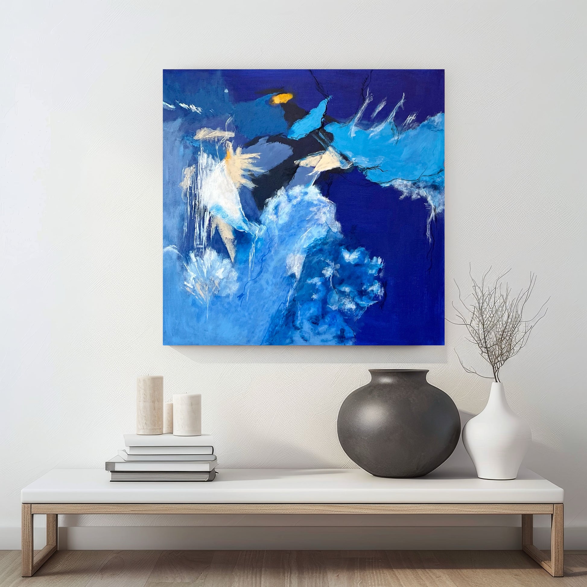 Abstract painting in bold blue with contrasting white, black and beige accents - modern acrylic artwork with expressive brushstrokes and maritime depth, ideal for contemporary wall design.