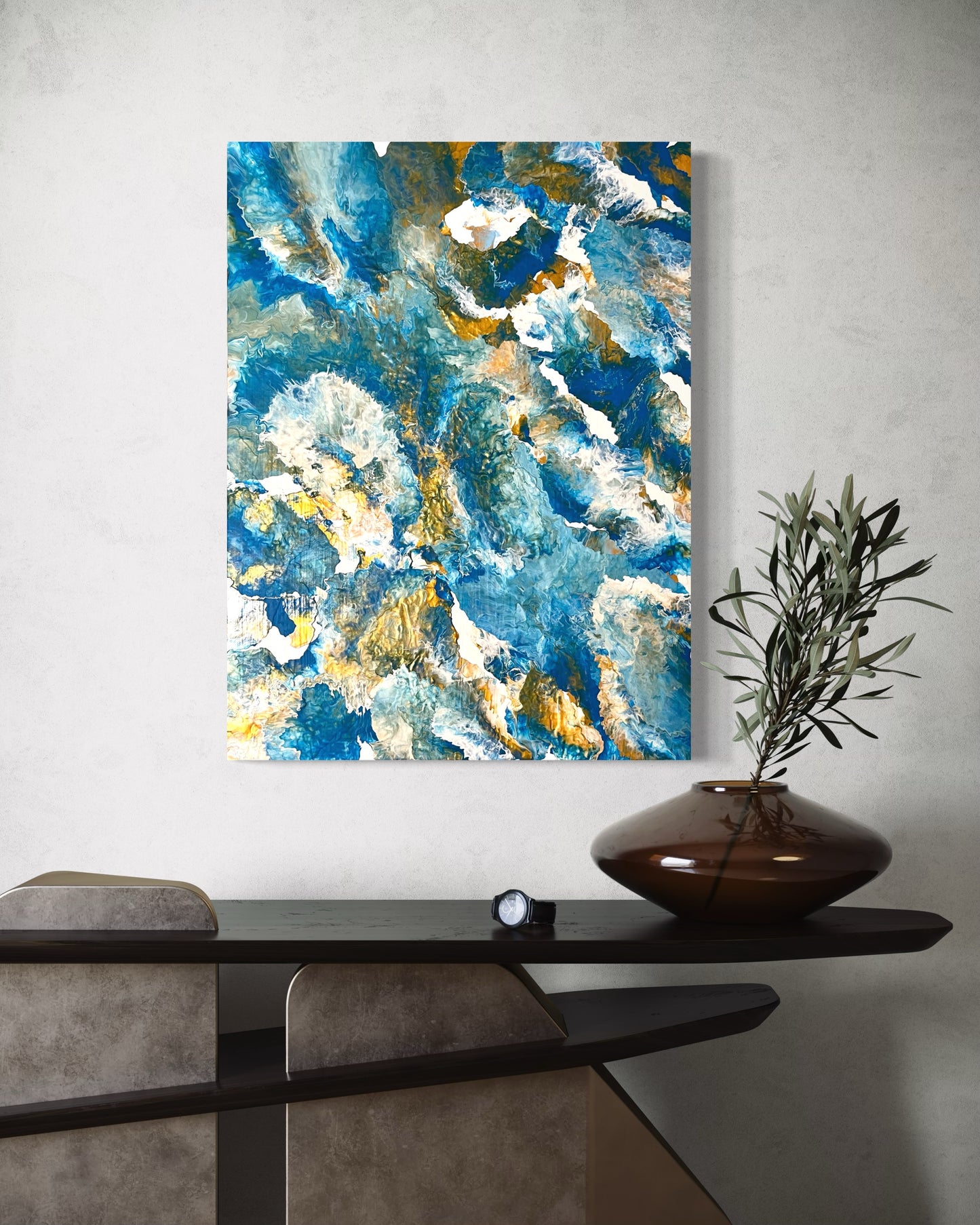 Abstract acrylic painting in shades of blue, turquoise, and gold with flowing, marbled structures. The composition is reminiscent of water, waves, or rock formations and radiates calm, depth, and natural elegance. Hand-painted, one-of-a-kind piece in the fluid art style—modern abstract art on canvas, inspired by the colors of the sea, ideal for stylish living rooms and gallery spaces.